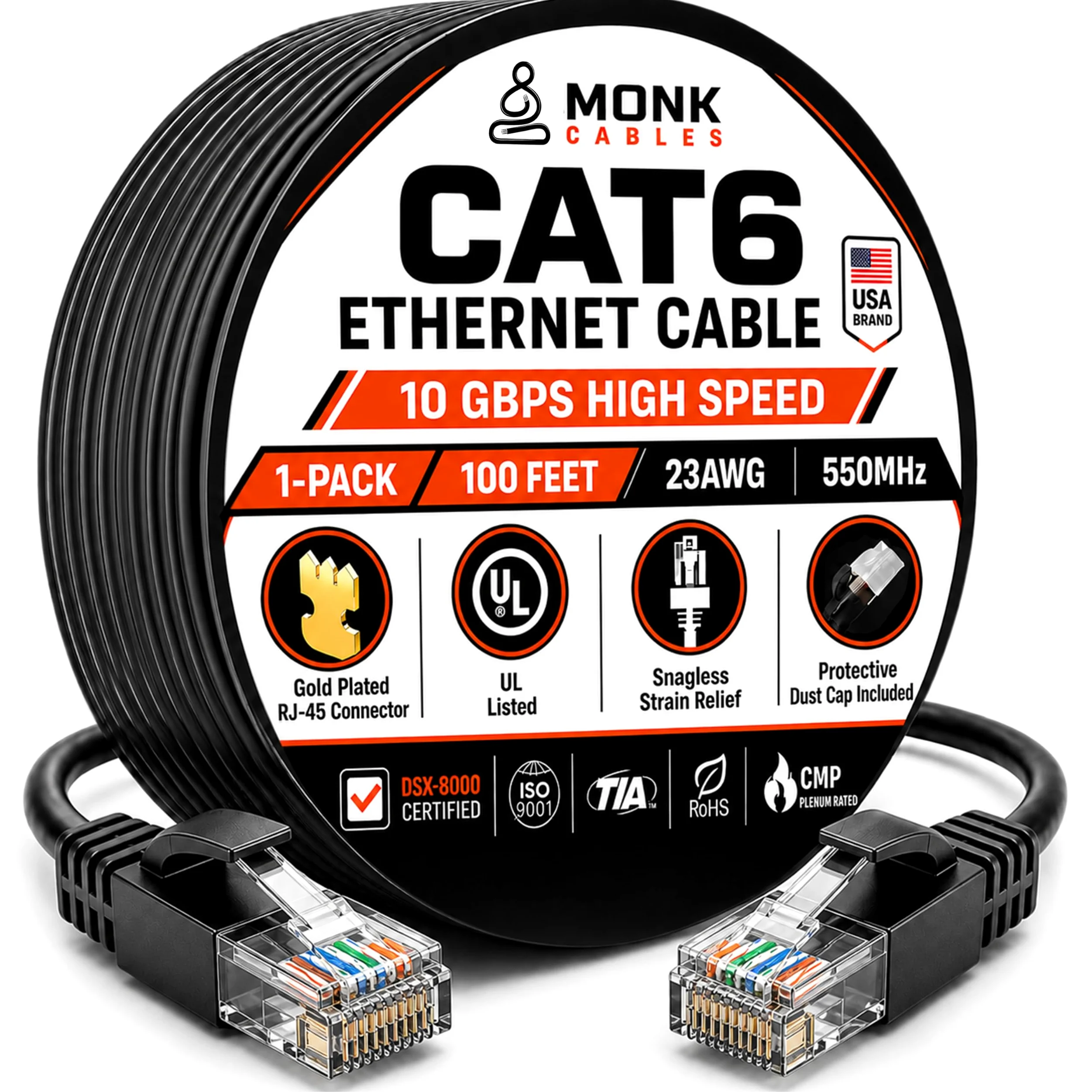 MONK CABLES | Câble Ethernet LAN CAT 6 de 30,5 m | Câble de raccordement CAT6 RJ45 | Noir