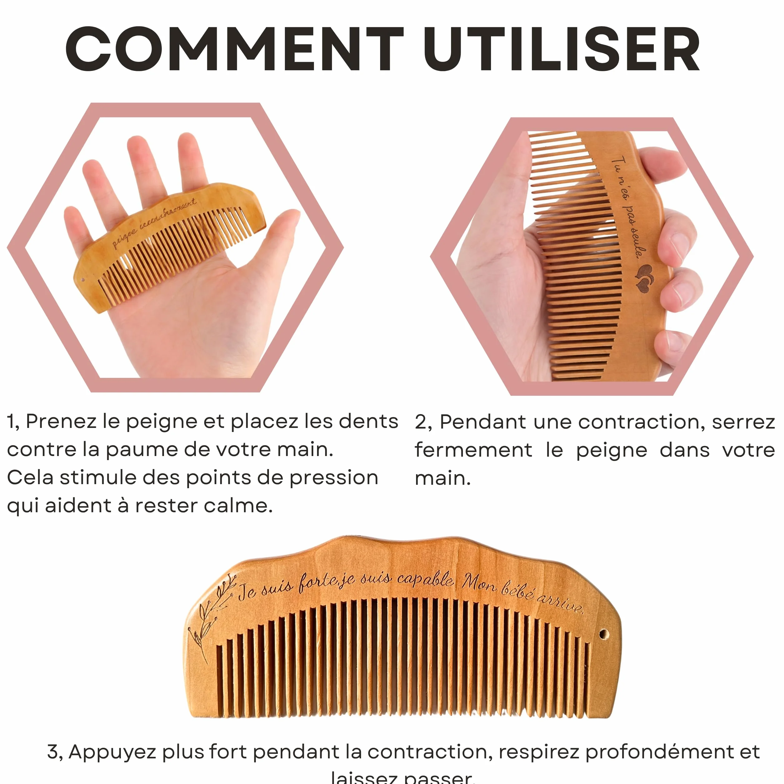 Peigne accouchement en bois avec carte émotionnelle cadeau grossesse femme enceinte maternité