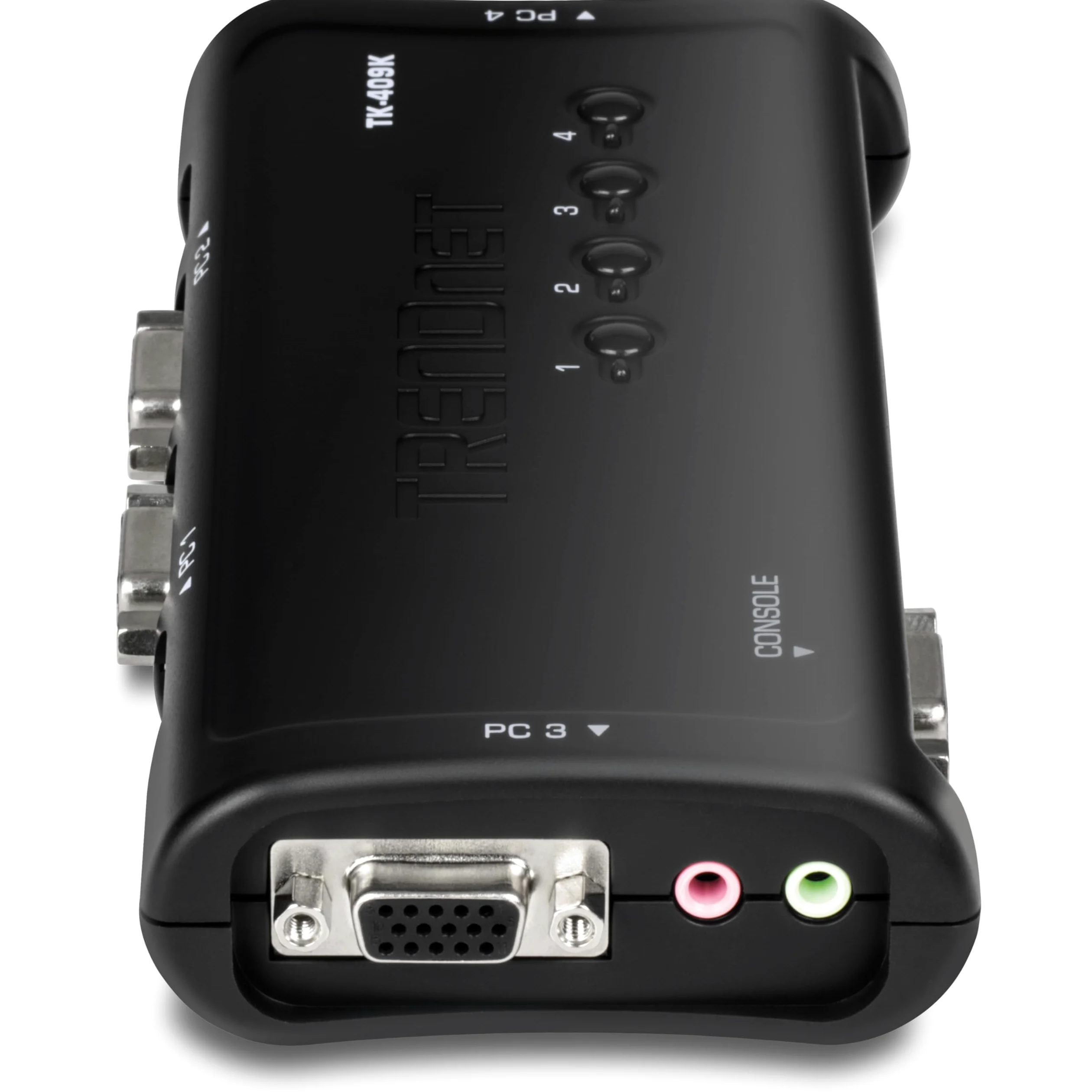 TRENDnet, TK-409K, Commutateur KVM USB 4 ports avec audio, contrôle jusqu'à 4 ordinateurs, résolution VGA 2048 x 1526, Plug and Play, alimentation USB, câbles KVM inclus, noir