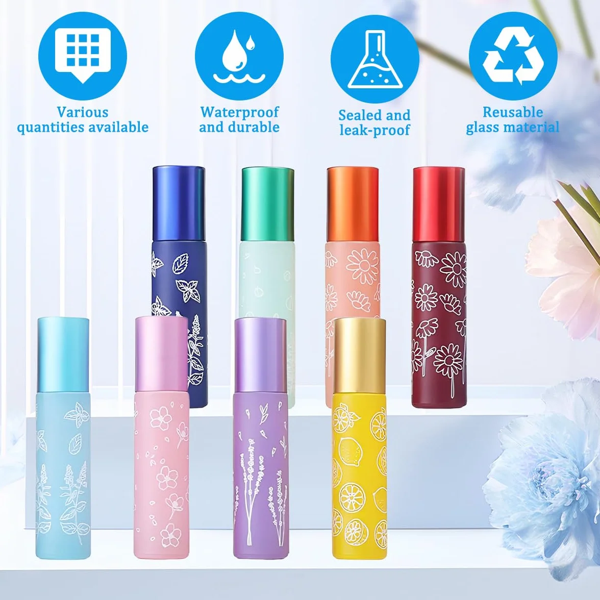 Flacons Roll-on en Verre 10 ml avec Bille en Acier Inoxydable - Lot de 8