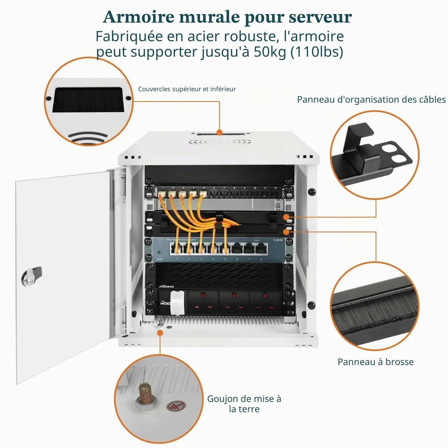 Tecmojo Rack réseau pour serveur 6U de 330 mm de profondeur 25,4 cm de large, armoire réseau avec étagère, panneaux brossés, organisateur de câbles pour petits appareils AV/IT/données, capacité de 50