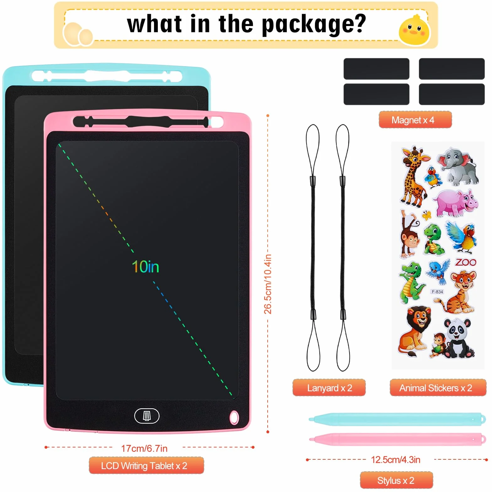 Tablette D'écriture LCD 10 Pouces avec Ecran Coloré, Bloc Effaçable Autocollants Animaux pour Enfants 3-6 Ans, Bleu + Rose