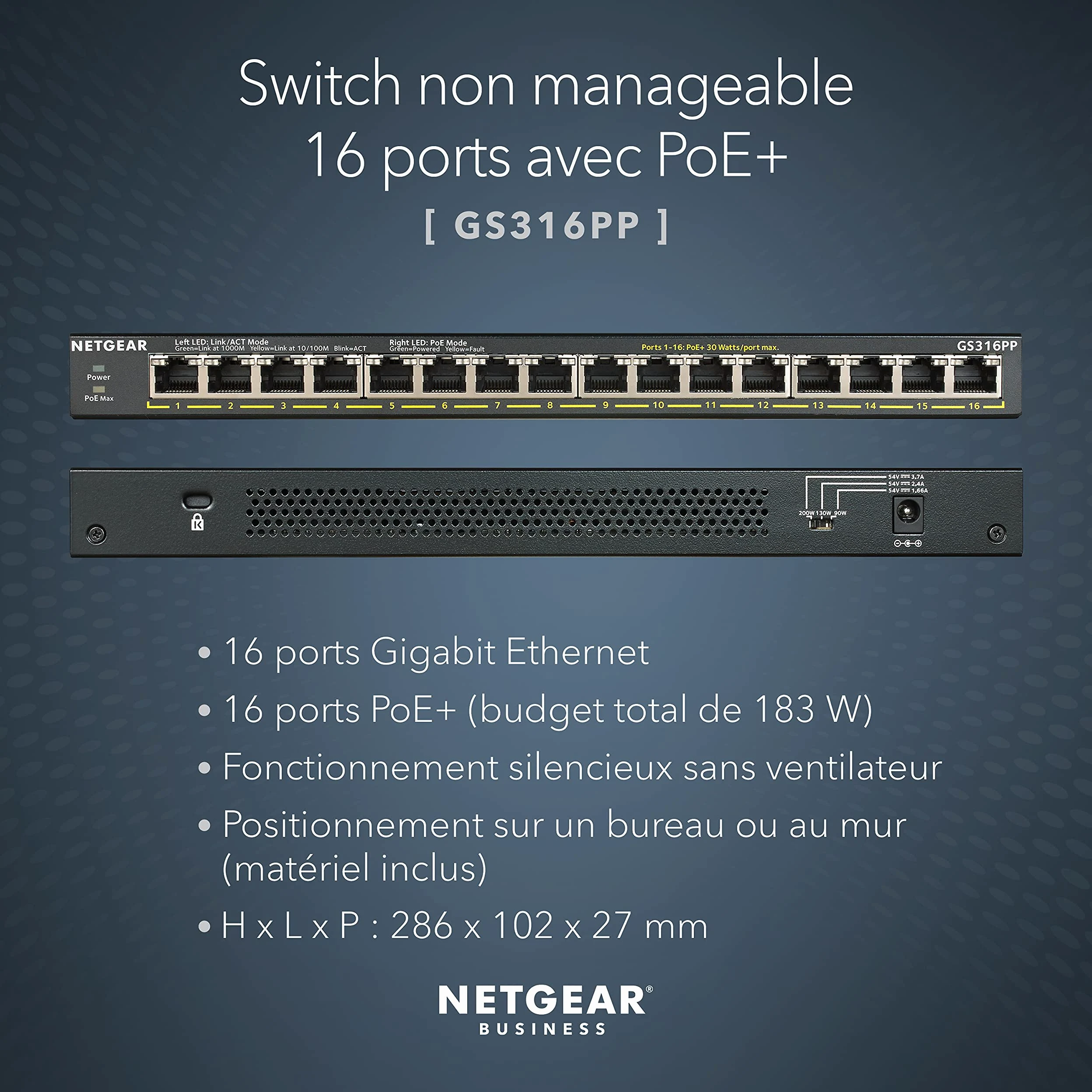 NETGEAR (GS316PP) Switch Ethernet PoE+ 16 Ports RJ45 Gigabit (10/100/1000)- Switch RJ45 avec 16 Ports PoE+ @ 183W évolutifs, Bureau/Mural, matériau Robuste