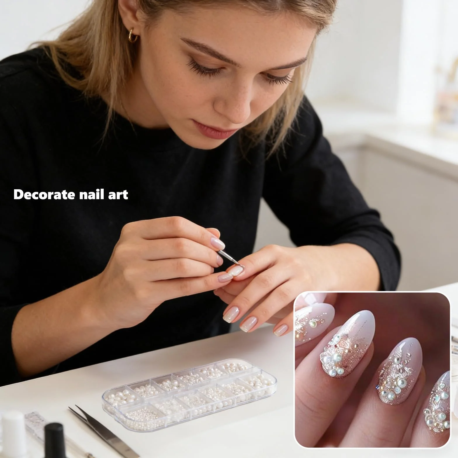 Breloques pour Ongles en Perles Blanches, Strass Demi Rondes à Dos Plat, Accessoires Décoration Mariage Fête