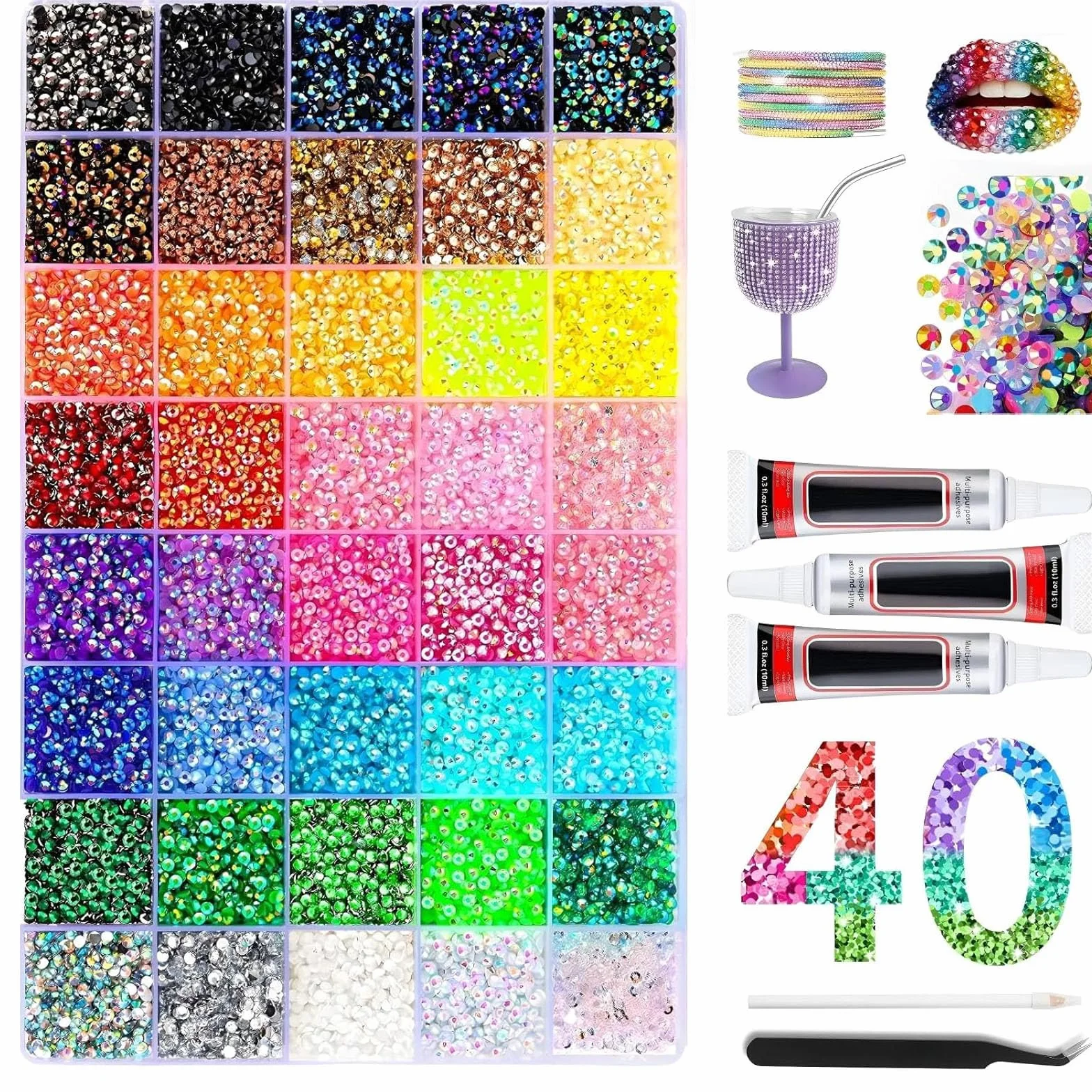 Bedazzling Kit 40 Couleurs 32 000 Pcs Strass à Dos Plat 3mm Pince à épiler DIY Nail Art