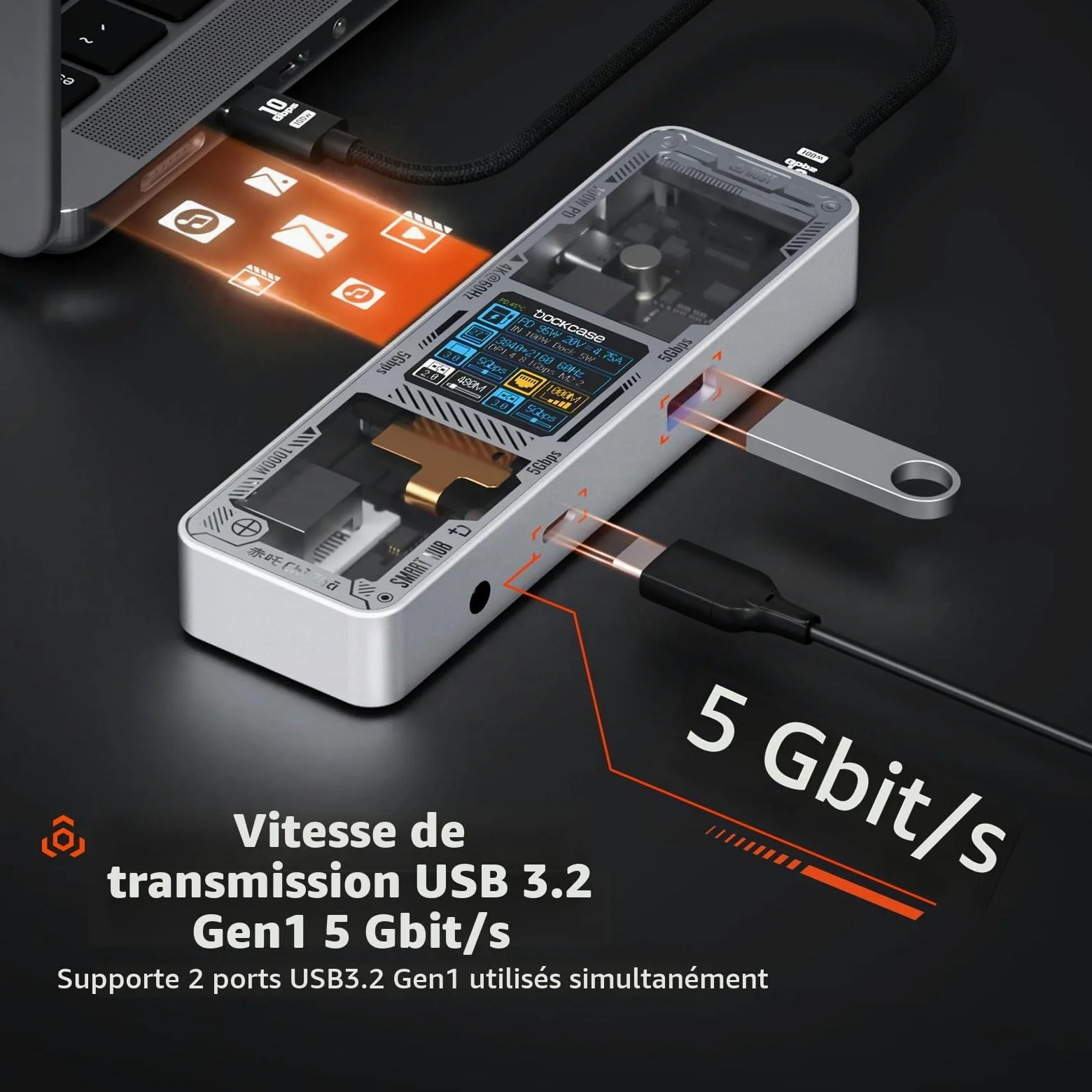 DOCKCASE Smart Hub USB C 6 en 1 Édition Explorer - Station d'Accueil HDMI 4k@60hz, PD 3.0 100w, Gigabit Ethernet, 2 USB-A 5 Gbps - Pour MacBook Air/Pro, XPS, etc - Argent