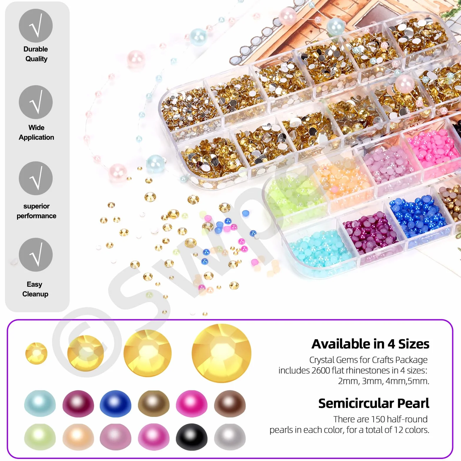 Swpeet 4403 PCS Strass Plat Cristal Jaune 2mm 3mm 4mm 5mm Kit Perles Combo avec Pince, Idéal pour Manucure DIY