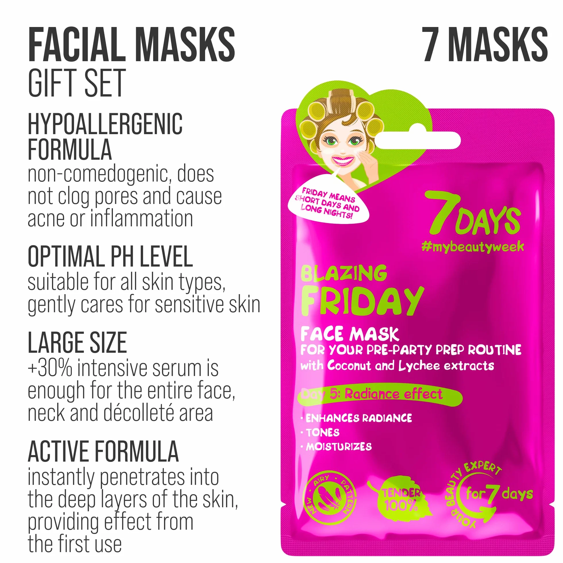 7Days Coffret Cadeau Masques en Feuille Hydratants Nourrissants Visage 7 Pièces