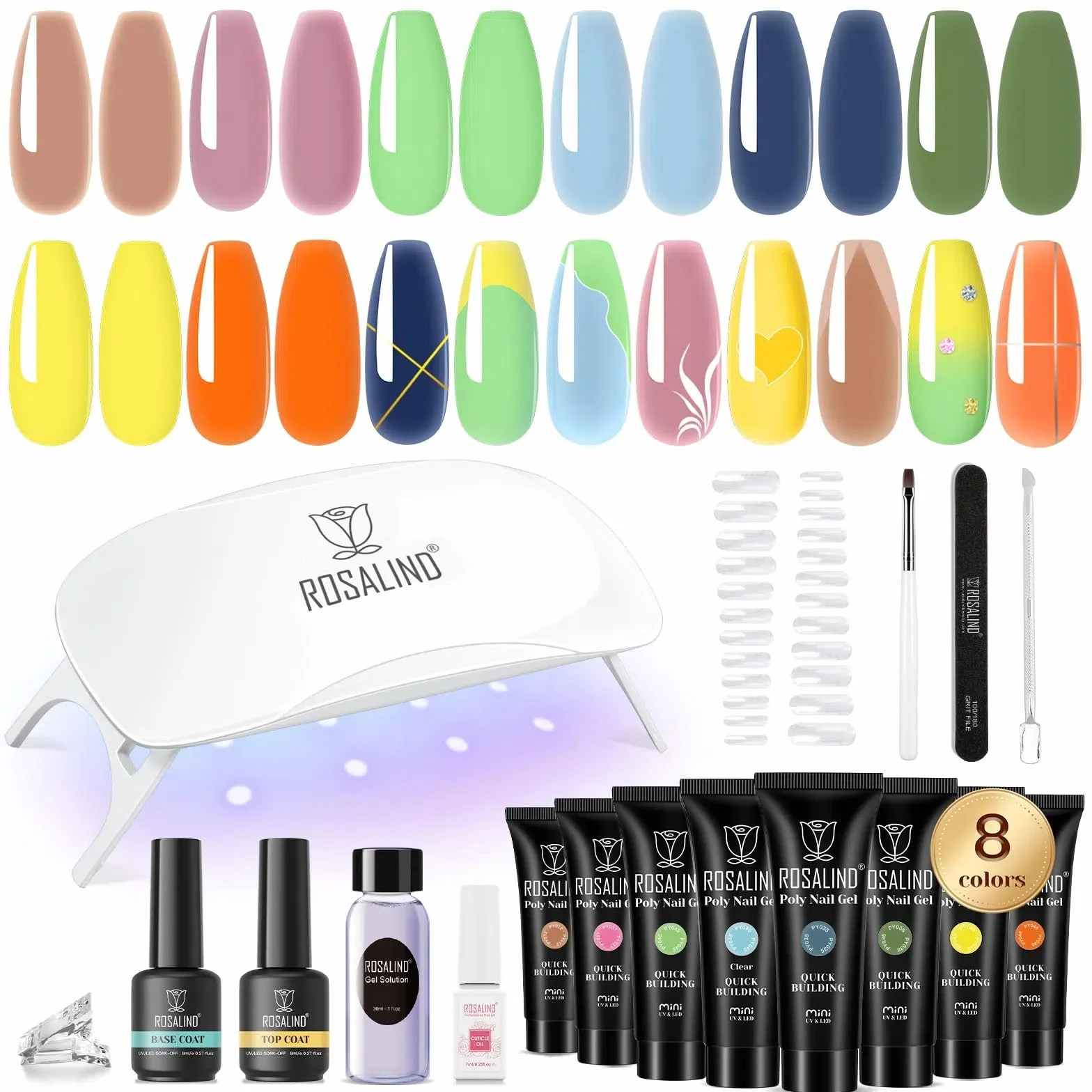 ROSALIND Kit UV Acrygel pour Ongle Complet 8 Couleurs 10 ml Lampe UV Base Top Coat Manucure DIY Nail Art
