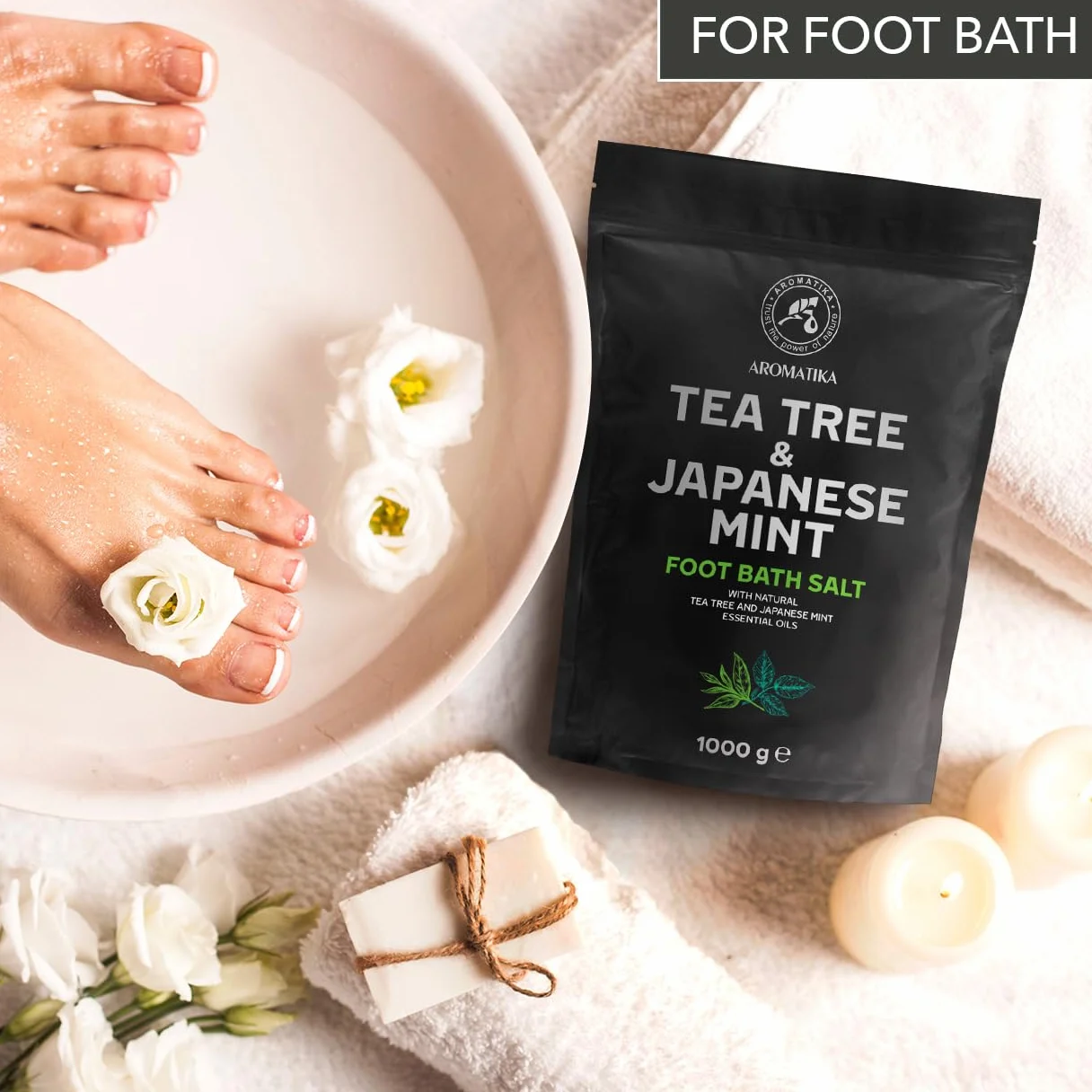 Sel de bain de pieds huile essentielle arbre à thé menthe 1000 g sel de mer naturel soin pieds ongles