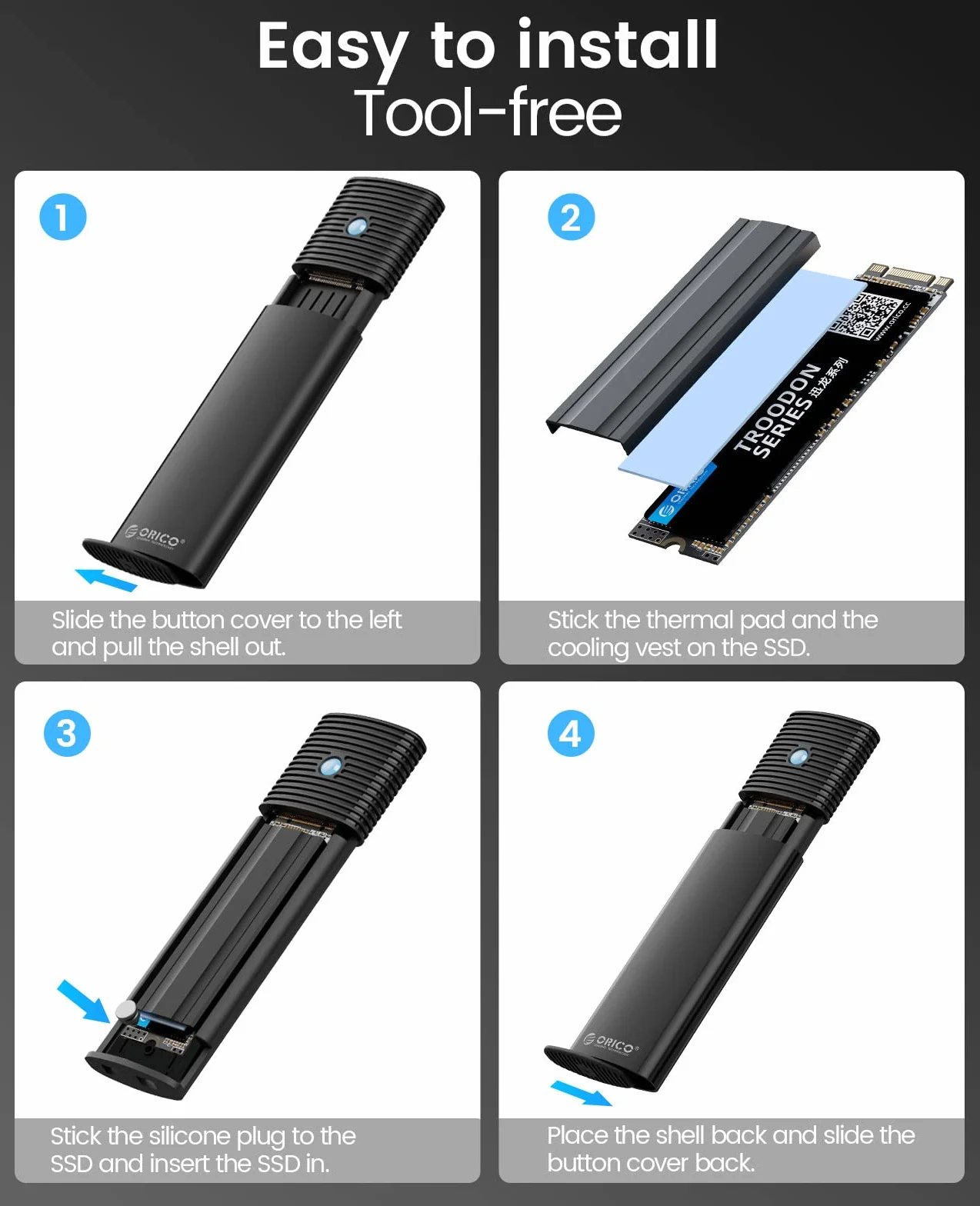 ORICO Boîtier SSD M2 NVMe SATA USB C 3.2 Gen 2 10Gbps 5Gbps NGFF M-Key 2230/2242/2260/2280 Aluminium Externe UASP