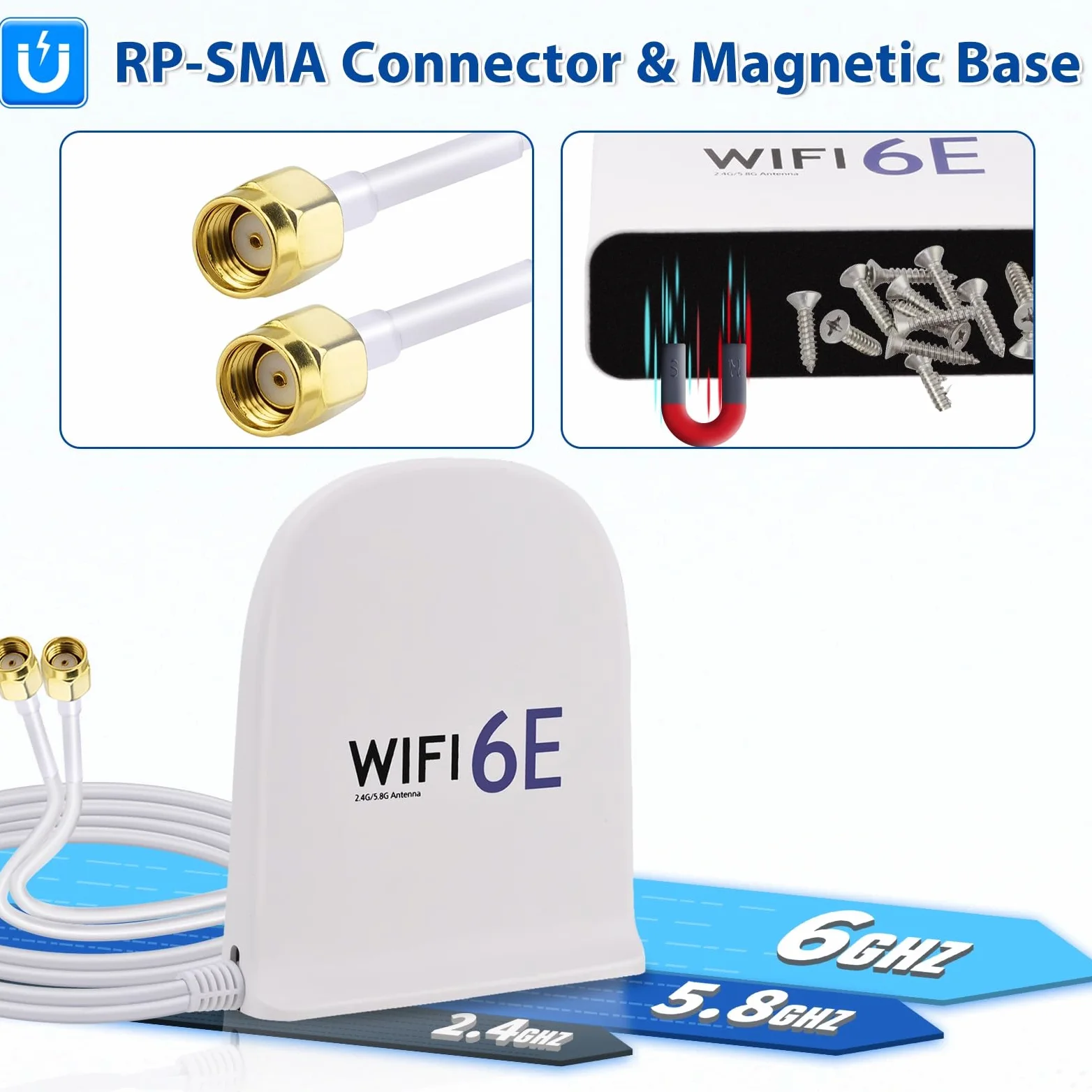 Bingfu Antenne WiFi 6E tri-bande 2,4 GHz 5 GHz 6 GHz MIMO RP-SMA mâle Base magnétique 8 dBi Antenne blanche avec câble de 2 m pour routeur WiFi, carte réseau sans fil, PC, carte mère PCI PCIe, caméra