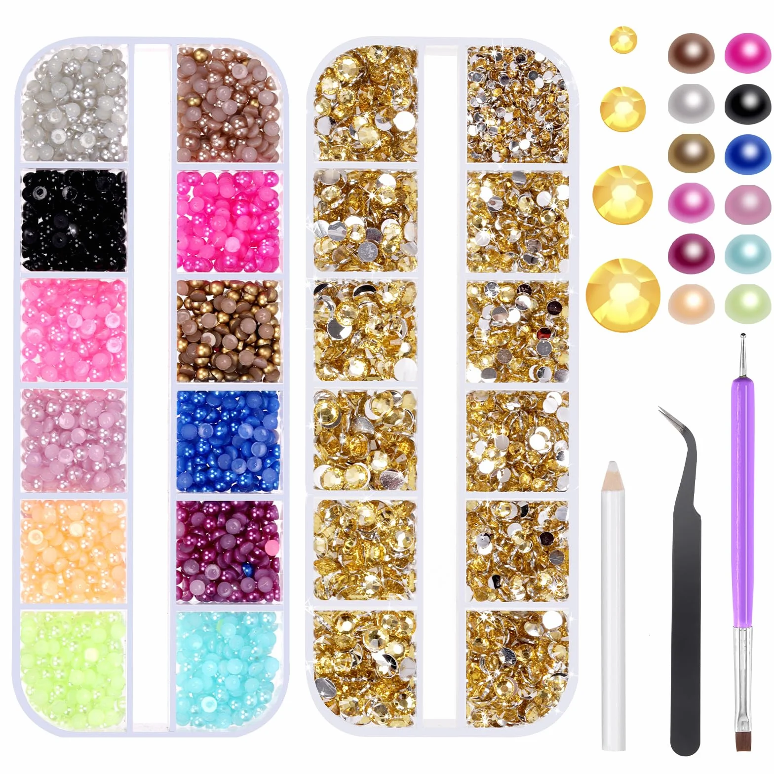 Swpeet 4403 PCS Strass Plat Cristal Jaune 2mm 3mm 4mm 5mm Kit Perles Combo avec Pince, Idéal pour Manucure DIY