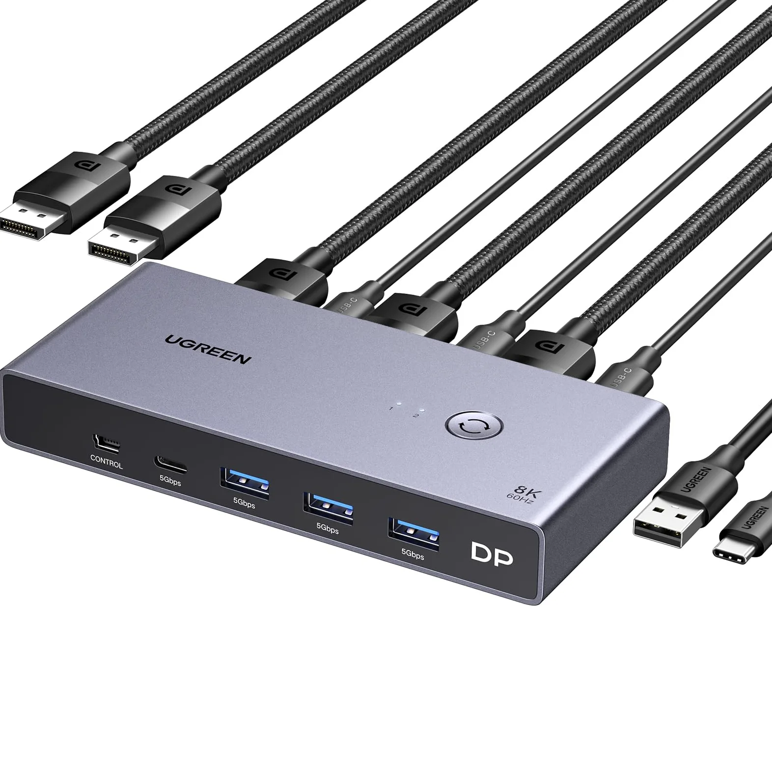 UGREEN Switch KVM Displayport 1.4 8K 60Hz 2 Entrées 1 Sortie Commutateur | 4K 240Hz USB C 3 USB A pour Clavier Souris Disque Dur Imprimante Moniteur avec Contrôleur de Bureau 2 Câbles DP 1M