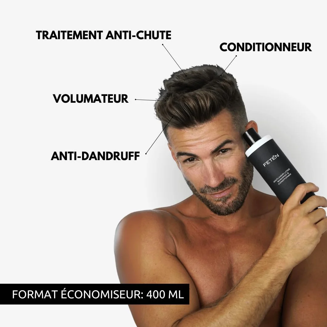 FETEN Shampooing Antichute Antipelliculaire Cheveux Homme 400ml Prévention Chute Volume Nutrition Repousse Fortifiant