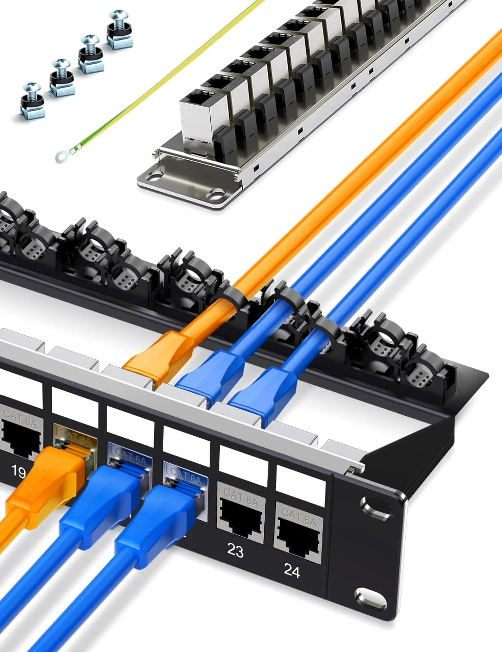 Panneau de brassage 24 ports Cat6A Keystone Panneau de brassage réseau avec câble intelligent (pas d'attache de câble nécessaire) Gestion pour montage en rack de 48,3 cm (blindé)