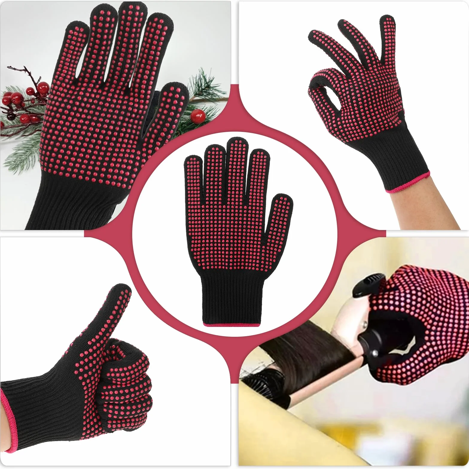 Lot de 2 gants résistants à la chaleur avec points en silicone antidérapants pour coiffer