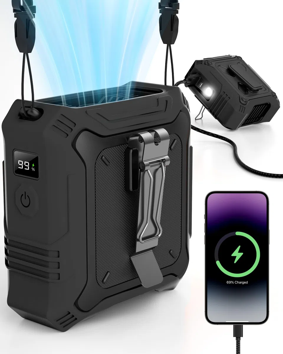 TUNISE Ventilateur portable avec 5 réglages de vitesse, clip double face sur ceinture pour 8000 mAh, 2 réglages, y compris lampe de poche, essentiel de voyage pour le camping en plein air comme banque