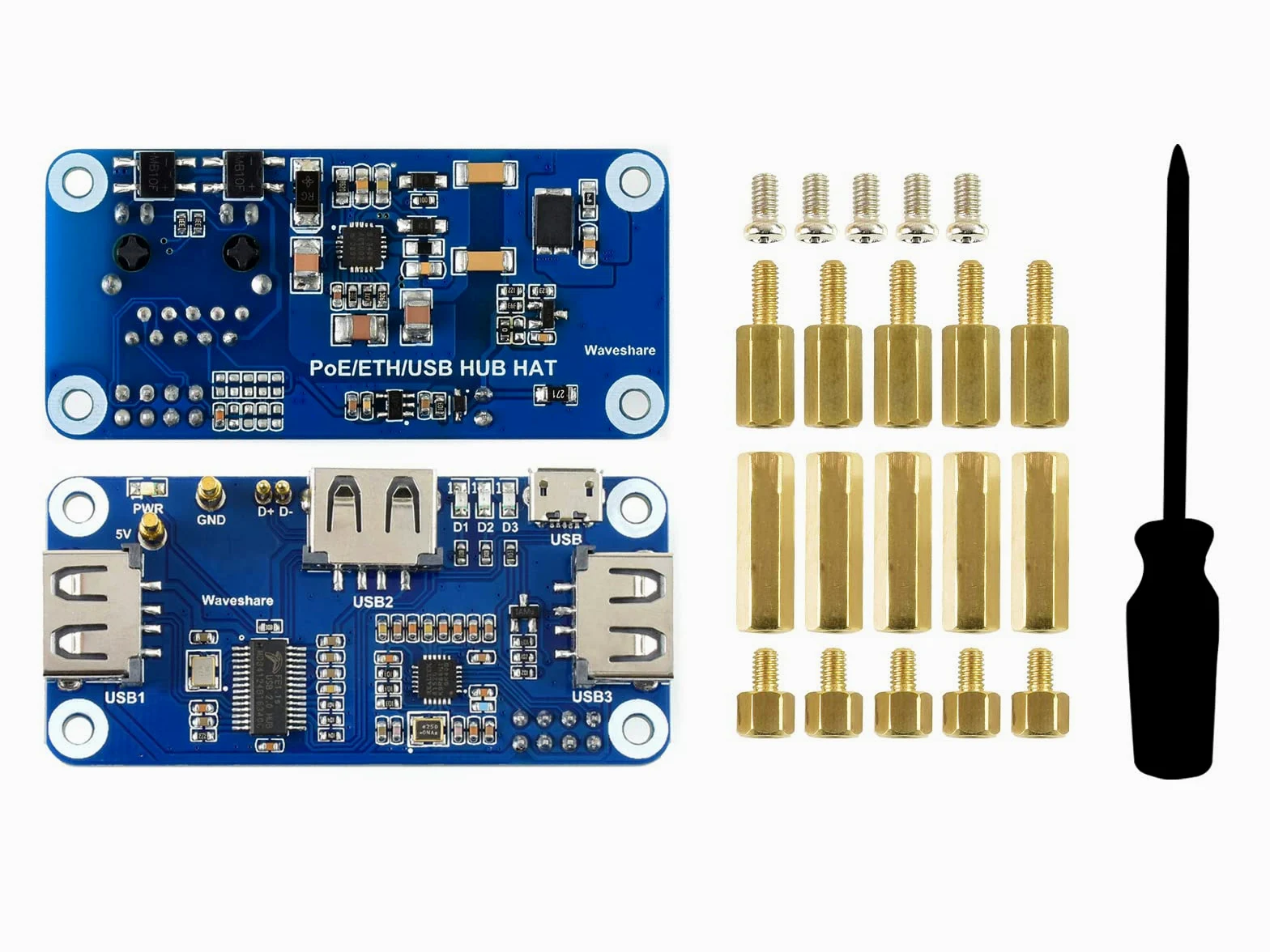 Waveshare PoE Ethernet/USB HUB Hat for Raspberry Pi Zero/Zero W/4B/3B/3B+, 3X USB 2.0 Ports 802.3af-Compliant