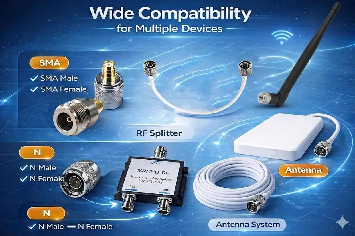 Kit d'antenne de panneau d'intérieur 698-2700 MHz 5-7 dBi avec répartiteur 2 voies, câble coaxial 3D-FB à faible perte de 15,2 m, câble de démarrage de 30,5 cm, adaptateurs SMA vers N & N vers SMA