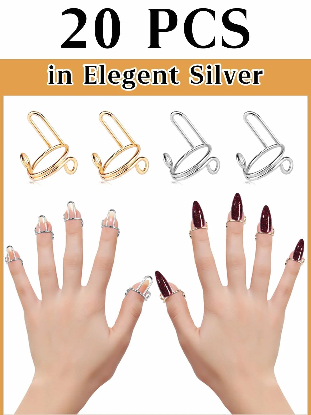 Bague à Ongles Réglables pour Acryliques, Métal Fingernail Rings pour Faux Ongles, Décoration Nail Art (Or et Argent)