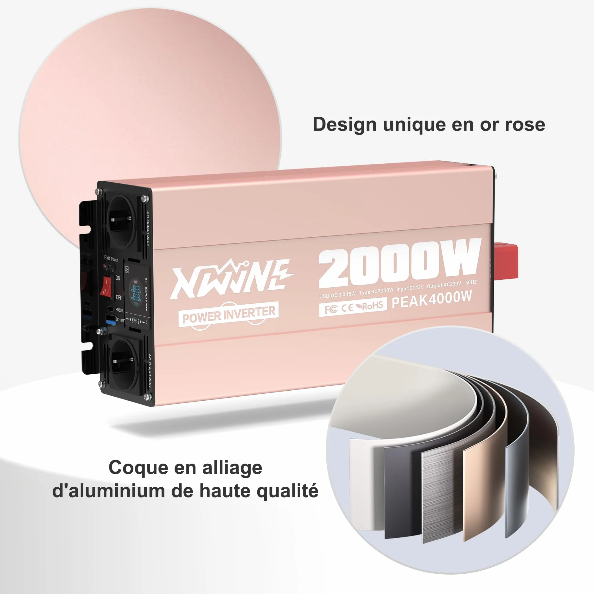 Convertisseur 12V 220V Pur Sinus 2000W Onduleur avec Prises EU, USB-A, USB-C, Écran LCD, Télécommande