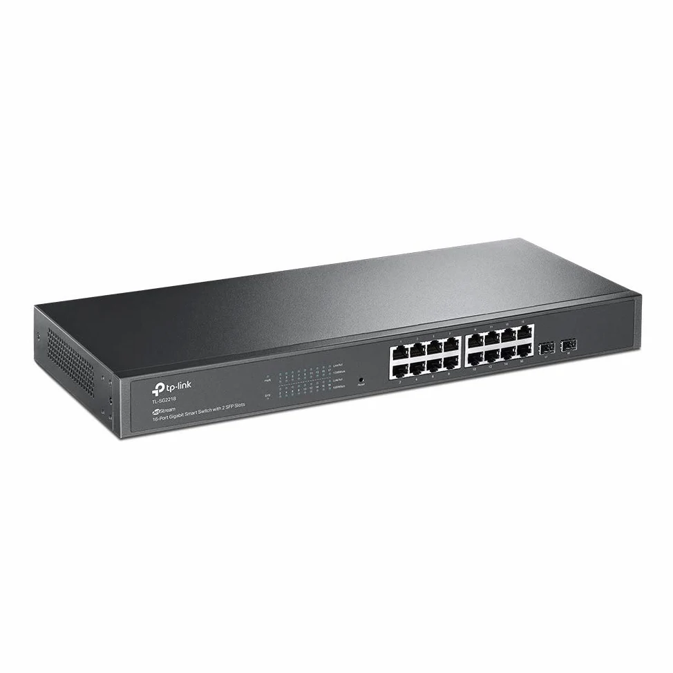 TP-Link Jetstream 16-Port Gigabit Smart Switch with 2 SFP Slots, L2/L3/L4 QoS and IGMP snooping with Standalone Management, Centralized Management, Fanless, Rack Mountable (TL-SG2218), Black