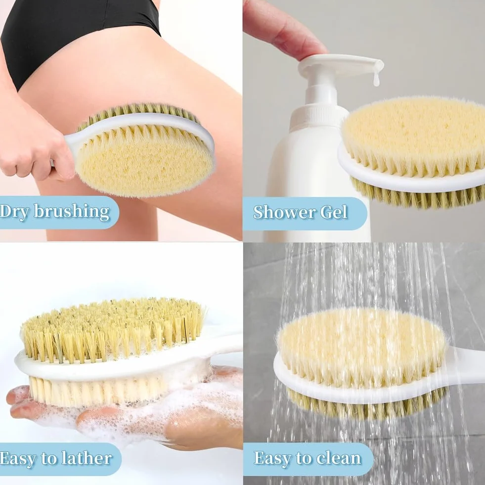 HORJOR Brosse de Bain Douche Long Manche 44cm, Brossage Dos Humide ou Sec, Brosse Corps, Exfoliation douce