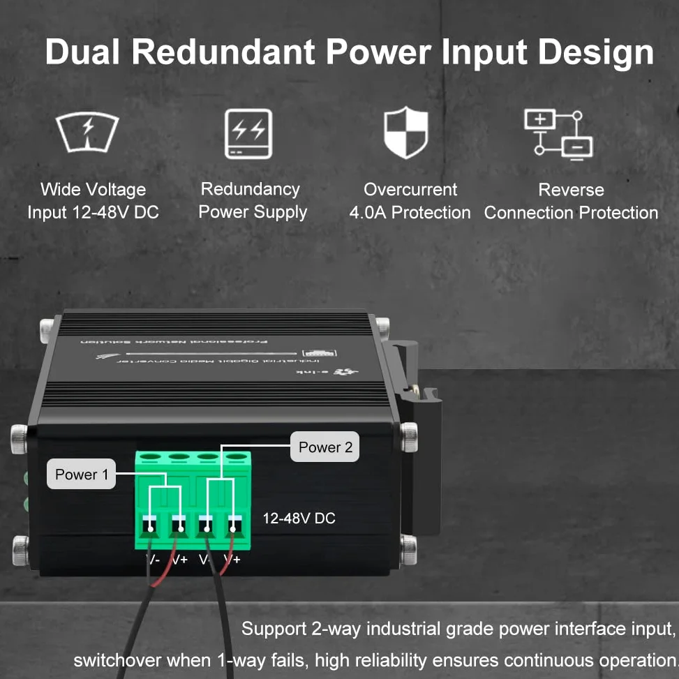 E-link 2 ports PoE++ Gigabit Ethernet industriel (10/100/1000BASE-T port RJ45 + 100Base-FX ou 1000Base-X SFP), IEEE802.3af/at/bt, 60 W, 12-48 V DC d'alimentation