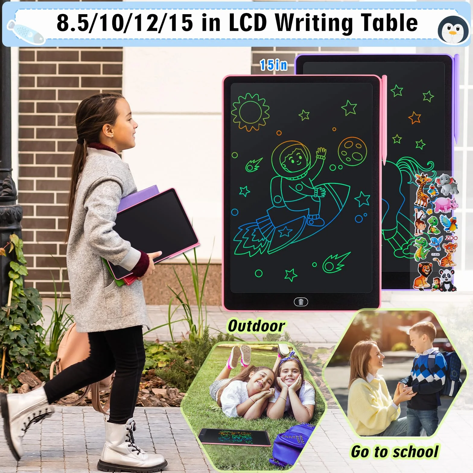 Tablette D'écriture LCD 16 Pouces avec Écran Coloré Effaçable, Rose + Violet