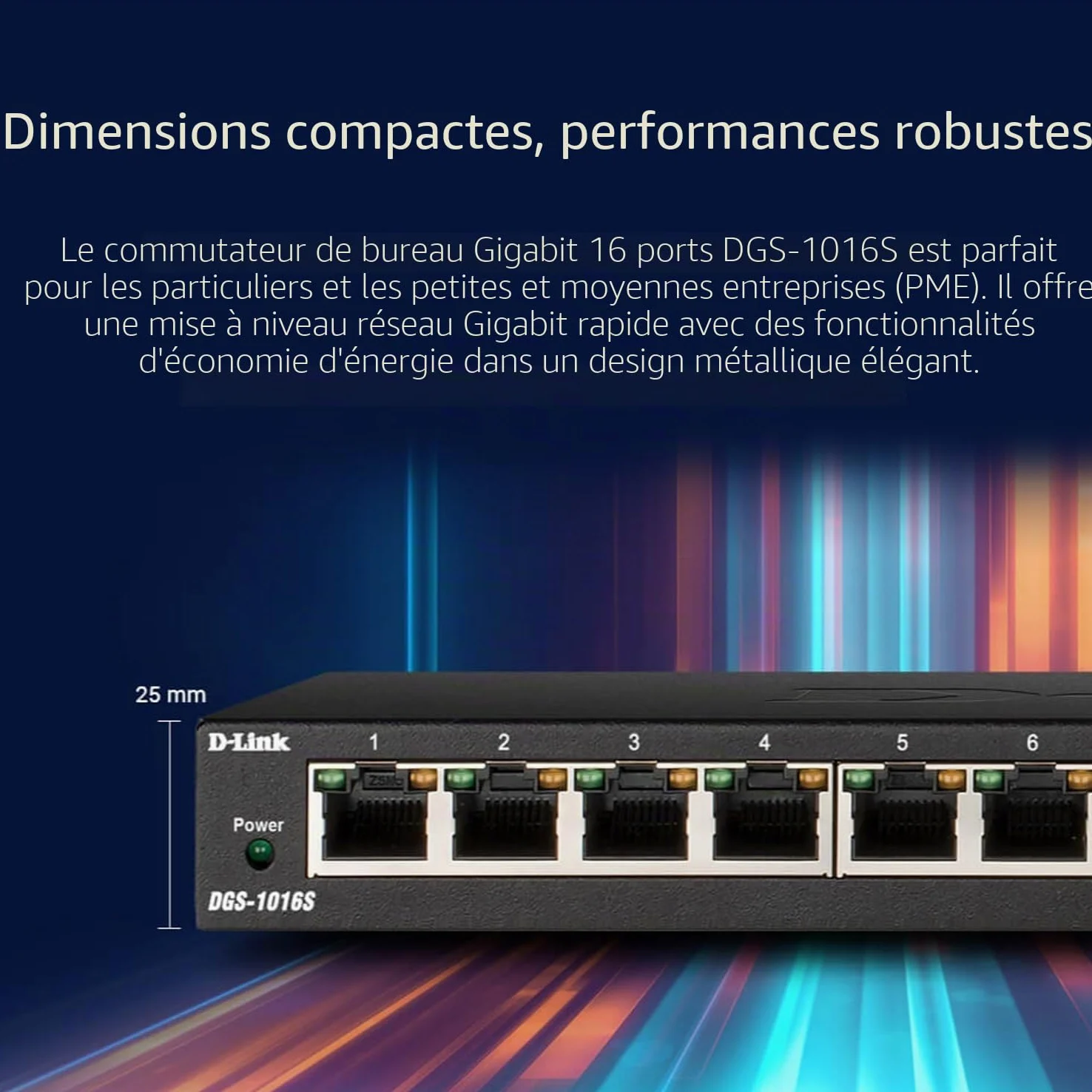 D-Link DGS-1016S Commutateur Gigabit Non géré à 16 Ports, sans Ventilateur, Profil Bas, boîtier en métal, Montage Mural/de Bureau, Plug-and-Play, QoS 802.1p, 802.3az EEE Noir DGS-1016S