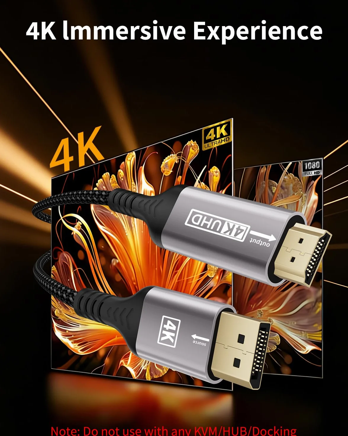 Câble DisplayPort vers HDMI 4K 2M Unidirectionnel DP Mâle UHD 4K@30Hz Nylon pour Dell Lenovo HP