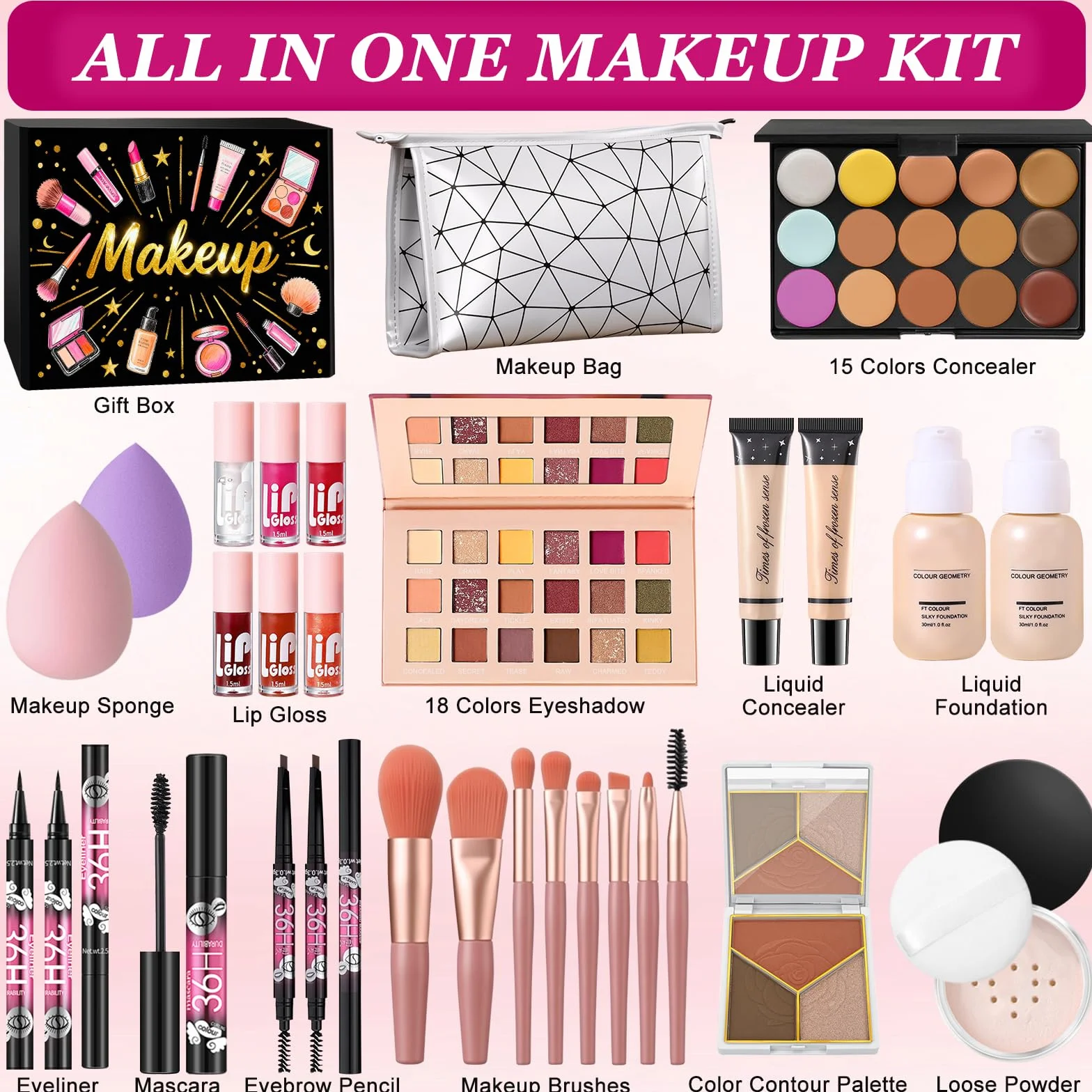 Coffret Maquillage Professionnel Femme avec Palette Yeux Fond de Teint Correcteur Contour Gloss Lèvres Eyeliner Mascara Crayon Sourcil Pinceaux