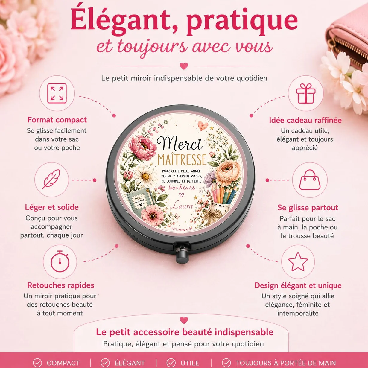 Miroir de Poche Personnalisé Merci Maîtresse – Cadeau Fin d'Année Scolaire – Miroir Compact
