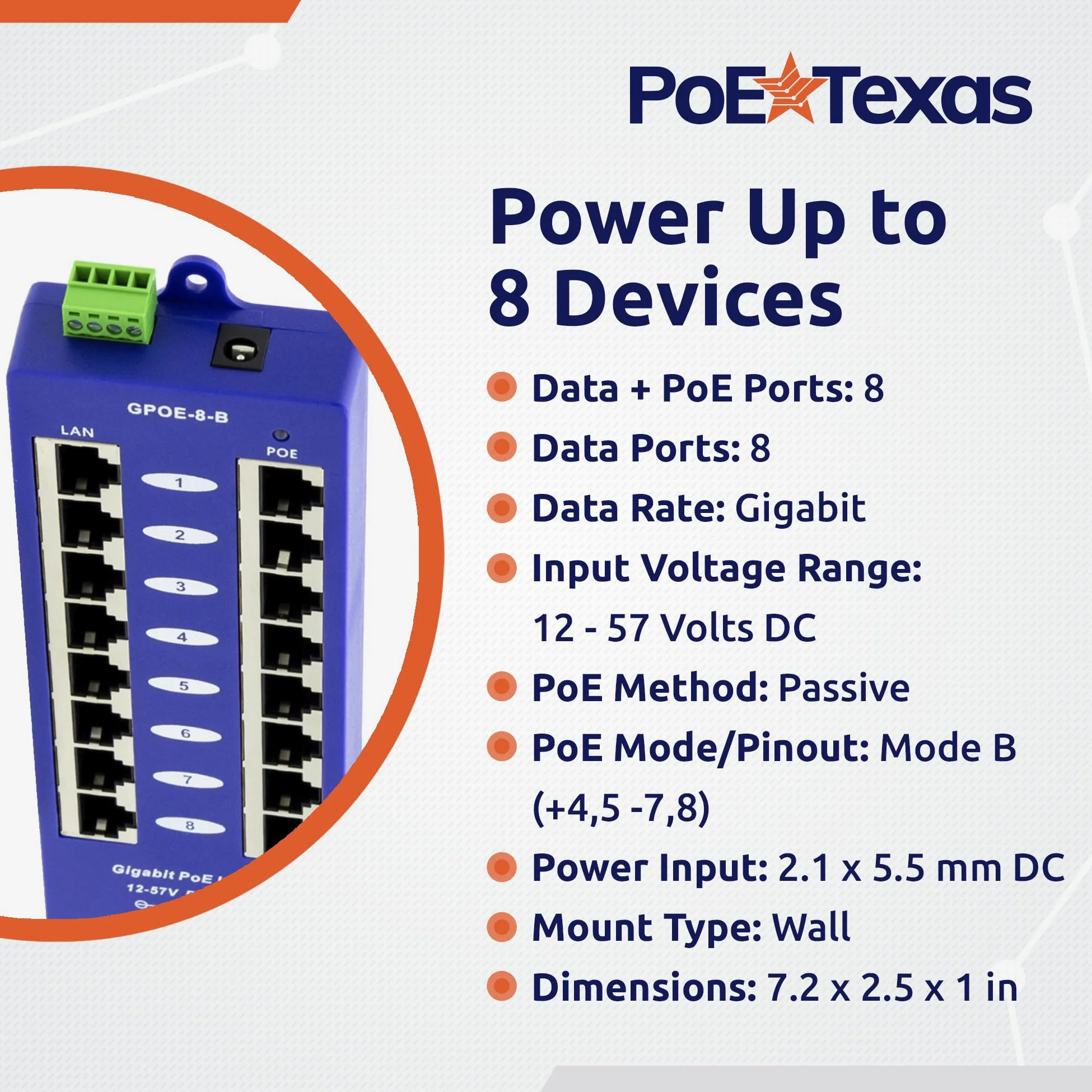 Wt-gpoe-8b Gigabit Injecteur PoE, 8 ports Gigabit PoE Injecteur pour 24 V Mikrotik et Ubiquiti appareils – Bloc d'alimentation non inclus