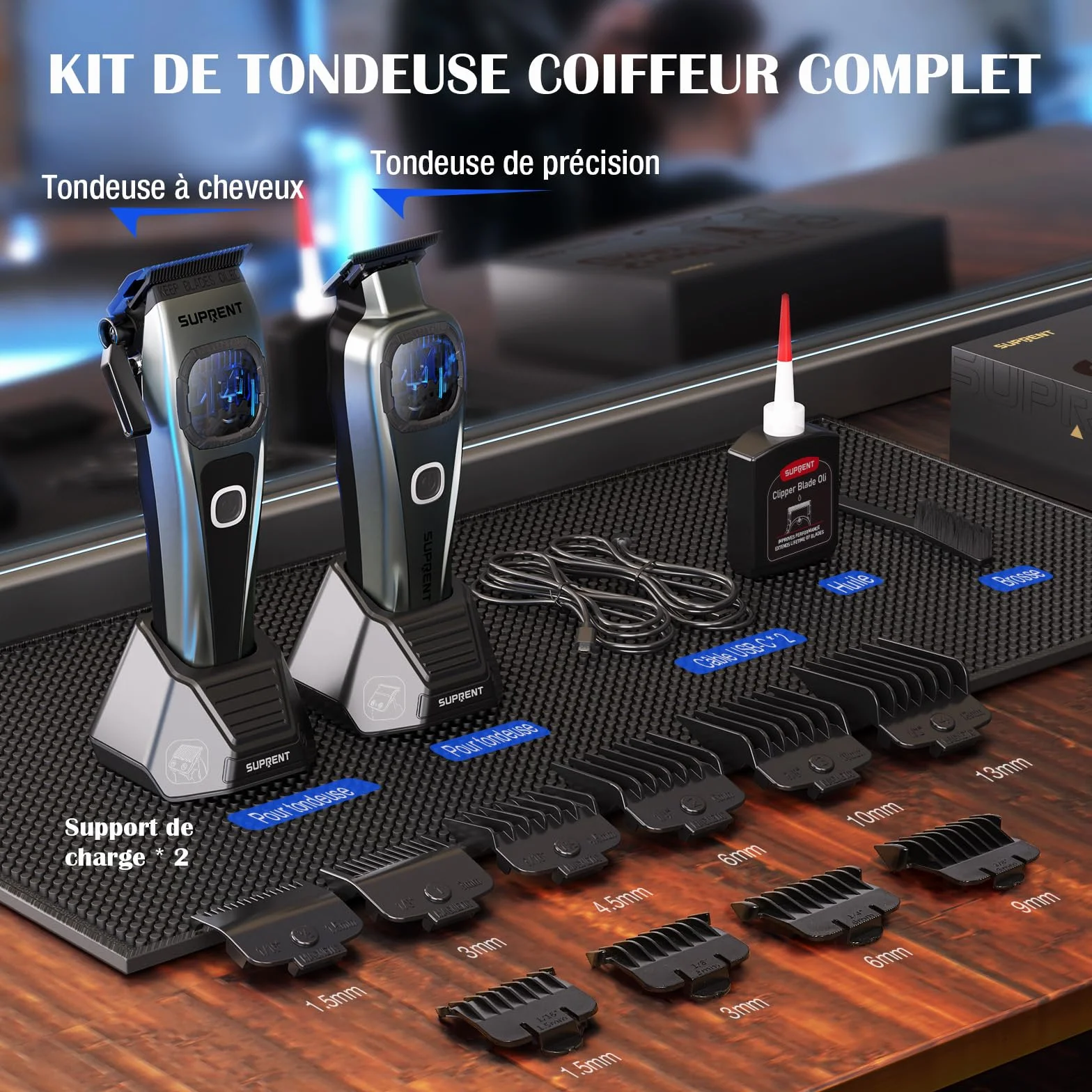SUPRENT Tondeuse à cheveux professionnelle homme - Lame fade titane réglable Zero-Gap - 5 niveaux - Peignes magnétiques - Batterie 2500 mAh