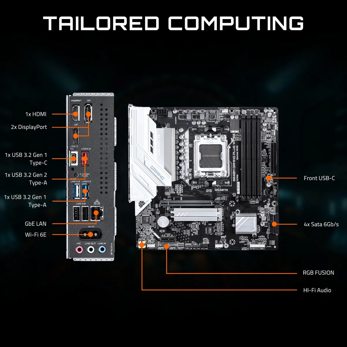 GIGABYTE B840M Gaming Plus WIFI6E Carte mère AMD AM5 mATX, Prise en Charge Ryzen 9000/8000/7000 Series, 8+2+2 Phases de Puissance, DDR5, 2 x M.2, PCIe 4.0, USB-C 3.2 Gen 1, WiFi 6E, GbE LAN