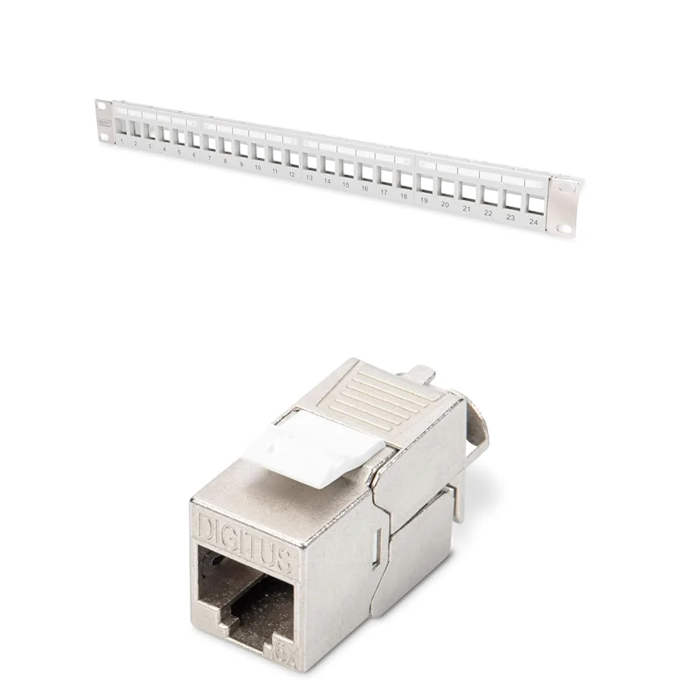 DIGITUS Set: Panneau de Brassage - Modulaire - 19 Pouces - 24 Ports - Blindé - Montage en Rack 1U - Gris - avec 12x Module Keystone Cat6A
