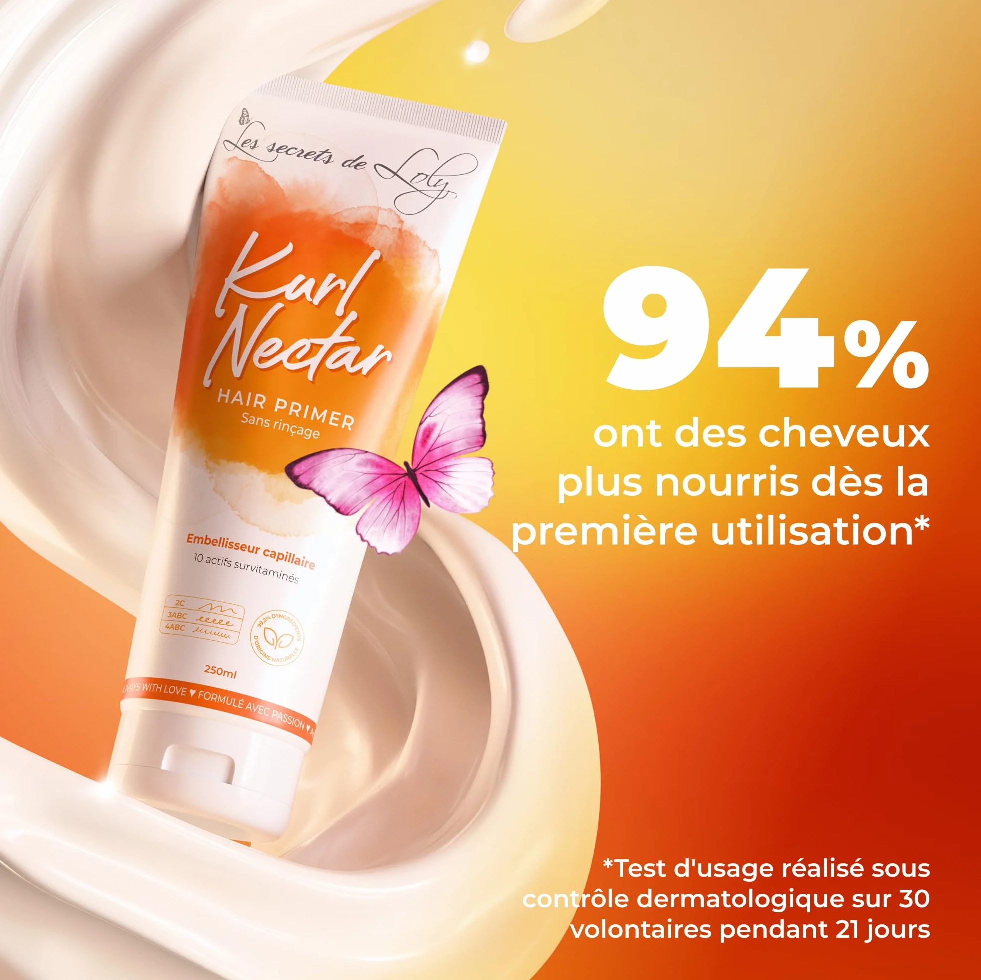 Les Secrets de Loly Kurl Nectar Leave-in Crème Sans Rinçage Réparateur Hydratant Anti-Frisottis Cheveux Bouclés Frisés Crépus 96% Naturelle 250 ml