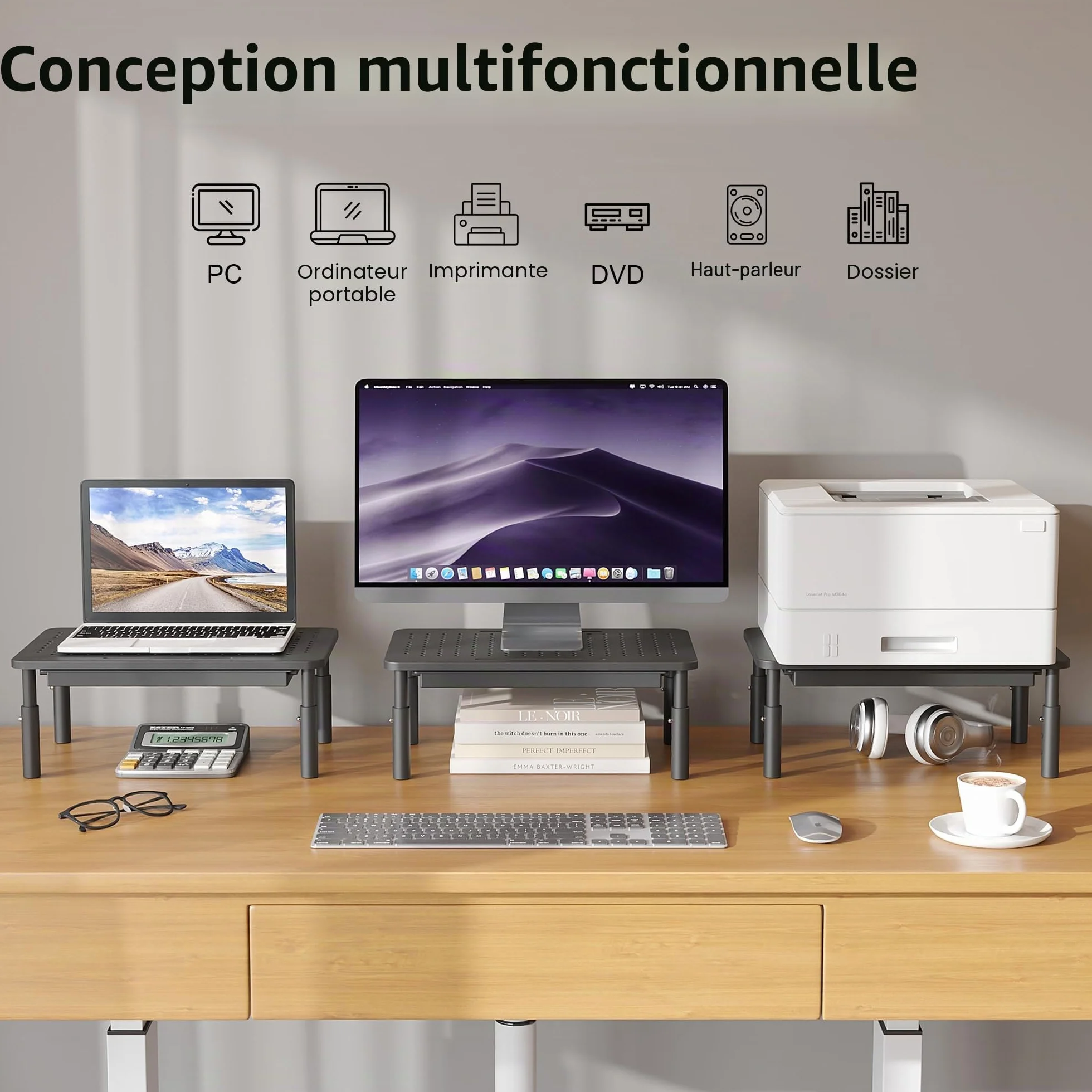 BONTEC Support Moniteur avec Tiroir, 3 Hauteurs Réglables, Rehausseur Ecran Bureau, Plate-Forme Maille 20 kg