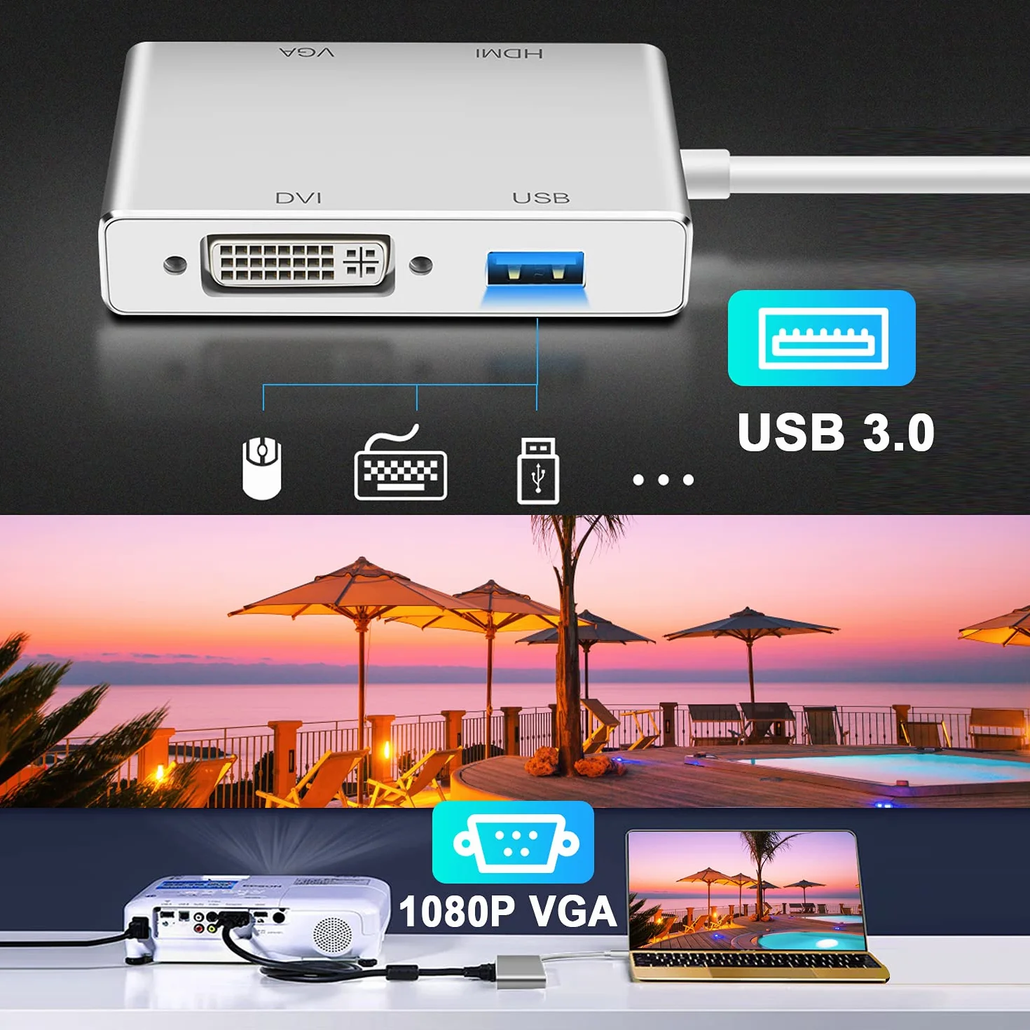 Faersi Adaptateur 4K Type C Vers HDMI USB-C 3.1 Vers DVI VGA USB 3.0 Hub Multiport Compatible MacBook Pro Chromebook Samsung Galaxy S8
