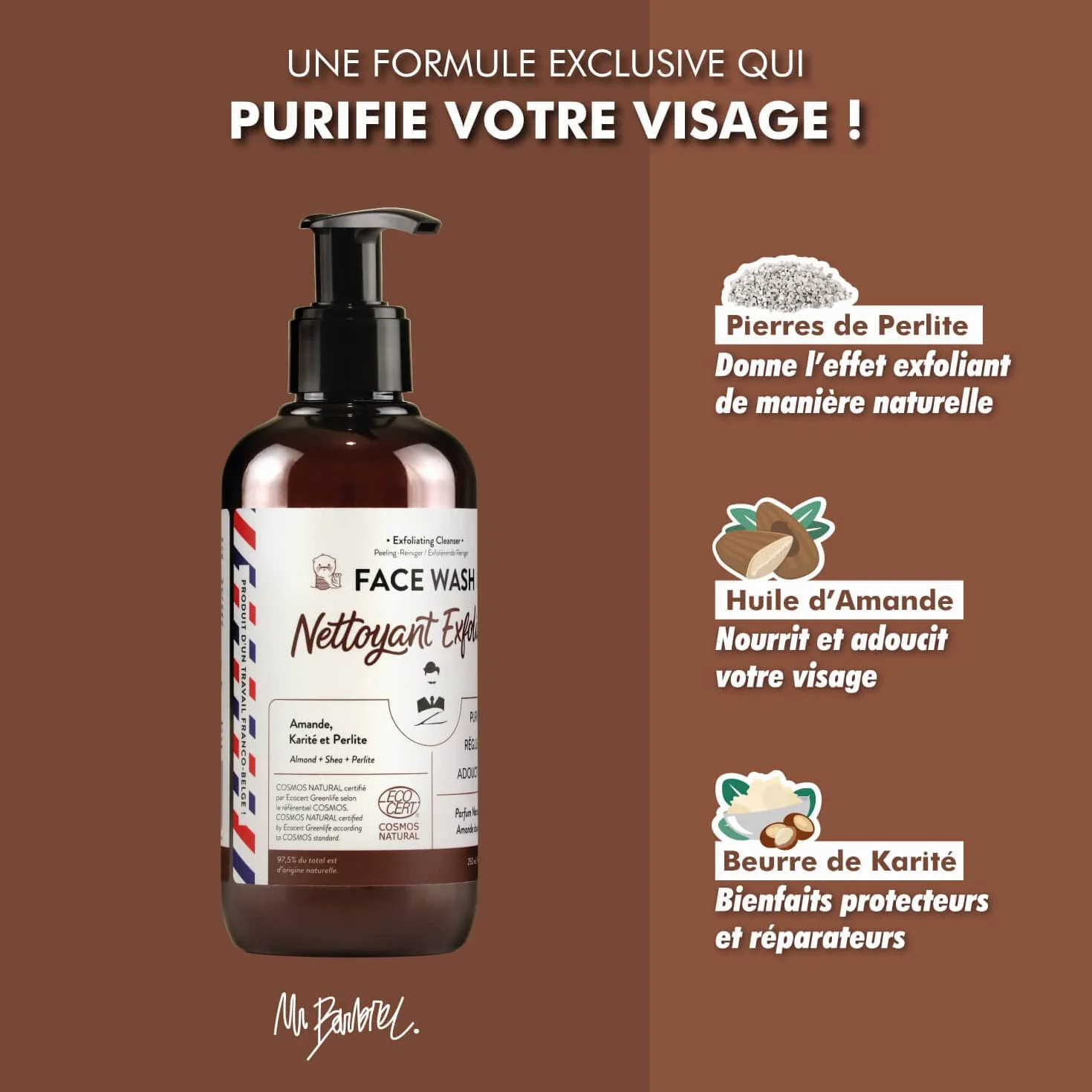 Monsieur BARBIER Nettoyant Exfoliant Visage Homme 250mL Gommage Naturel Végan Français