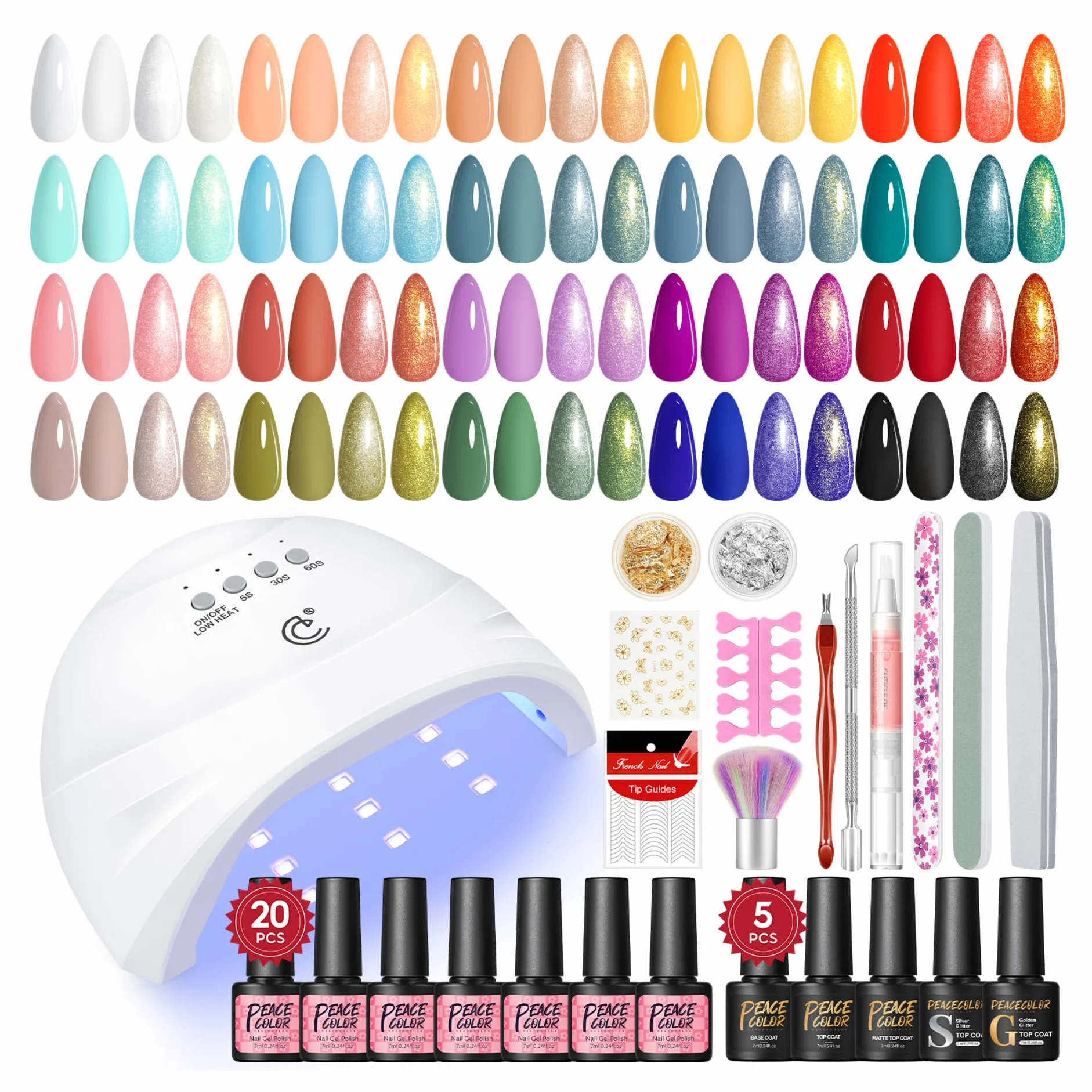 PEACECOLOR Kit Ongle Gel UV Complet 20+5PCS Vernis à Ongles Gel avec Lampe UV Top Coat Base Coat Nail Art Coffret Débutants