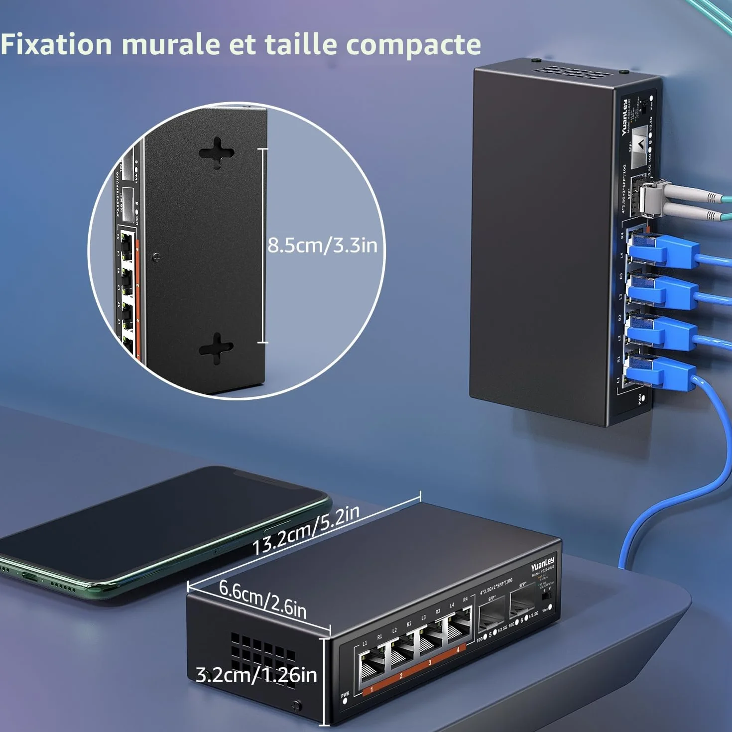 Commutateur Réseau YuanLey 6 Ports 2.5G Ethernet Non géré Métal sans Ventilateur 4 x 2.5G Base-T 2 x 10G SFP Montage Mural