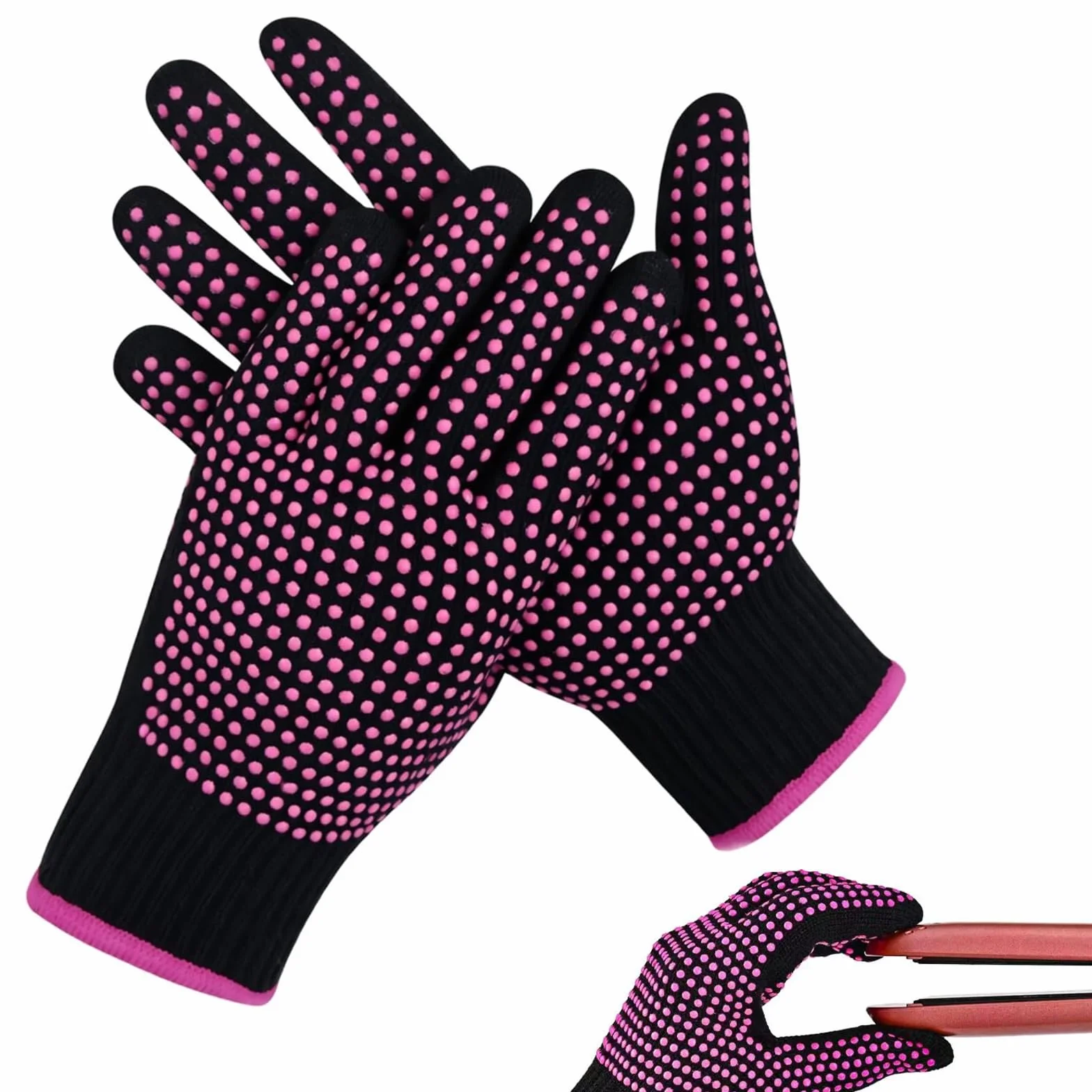 Gants Thermo-Résistants Anti-Brûlure Professionnels en Coton avec Picots Silicone Double Face, Protection Chaleur Coiffure, Rose Rouge
