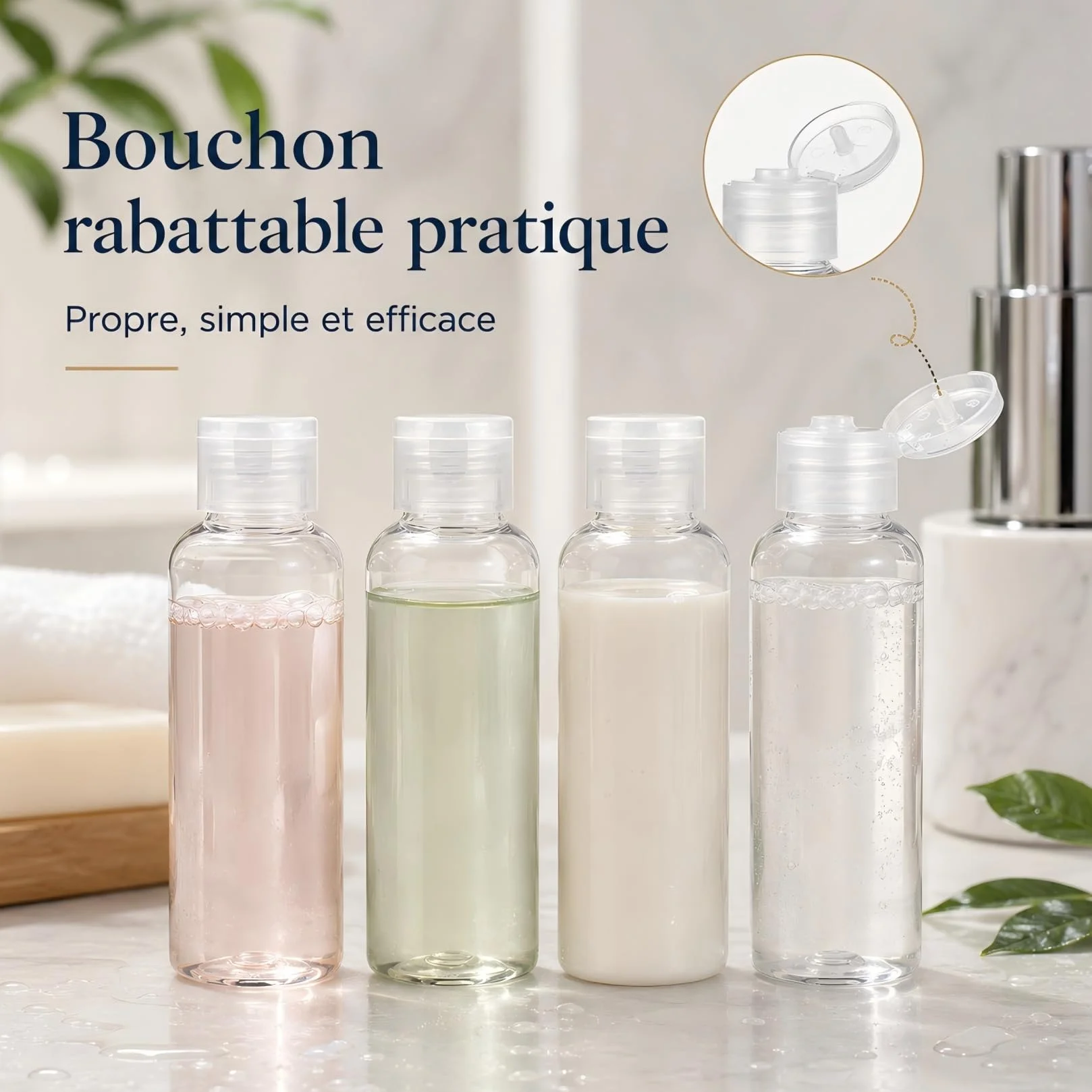Kit de 4 Flacons de Voyage Vides Transparents 20 ml Plastique pour Cosmétiques Lotion Shampoing Gel Douche