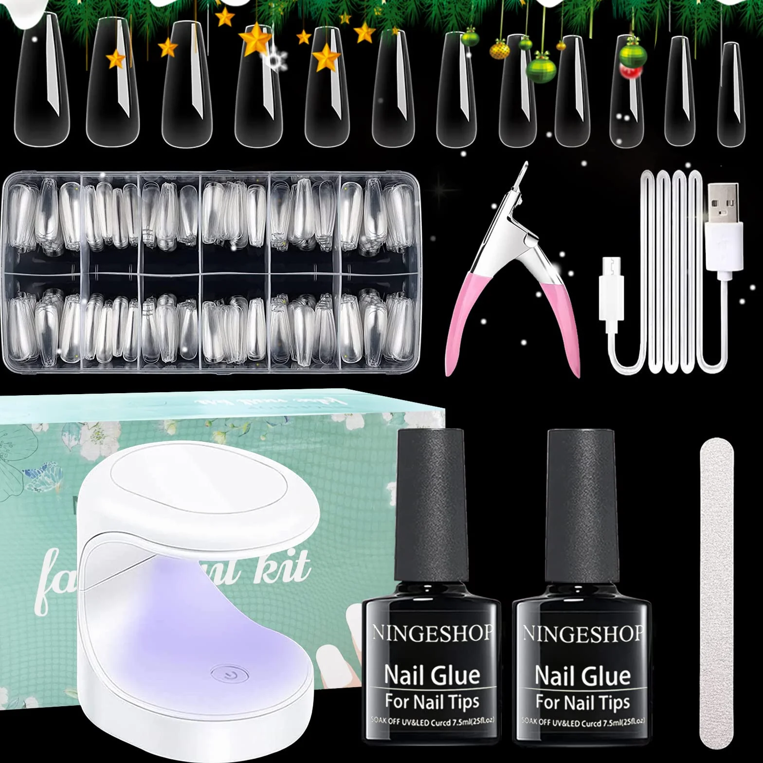 Kit Capsule Ongle Americaine 600 Pcs Ongles à Presser Transparents Lampe UV Colle Pour Extension Acrylique