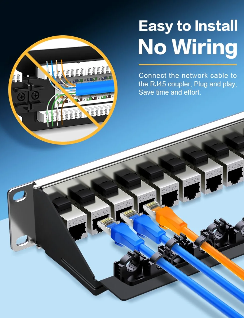 Panneau de brassage 24 ports Cat6A Keystone Panneau de brassage réseau avec câble intelligent (pas d'attache de câble nécessaire) Gestion pour montage en rack de 48,3 cm (blindé)