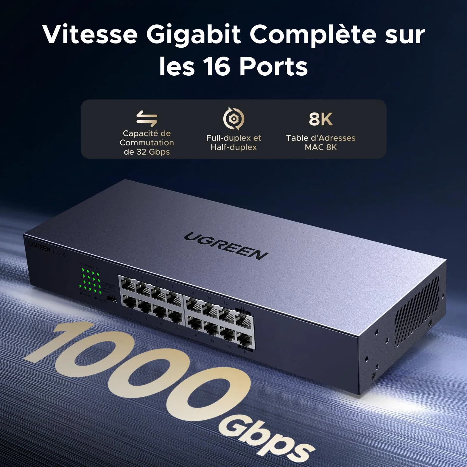 UGREEN Switch Ethernet Gigabit 16 Ports Hub Réseau LAN 1000Mbps | Montage sur Bureau ou Mural Splitter pour Bureau et Maison Multiprise RJ45 Compatible avec PC TV Imprimante Caméra Routeur
