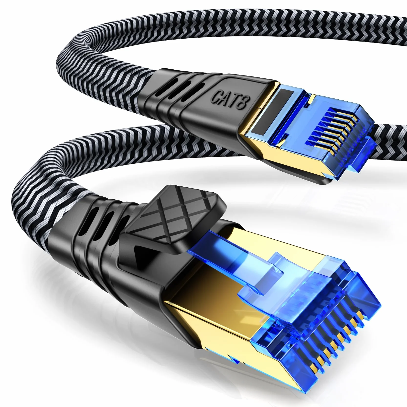 Cat 8 Câble Ethernet 5m, RJ45 Plat Nylon Tressé 40Gbps 2000MHz